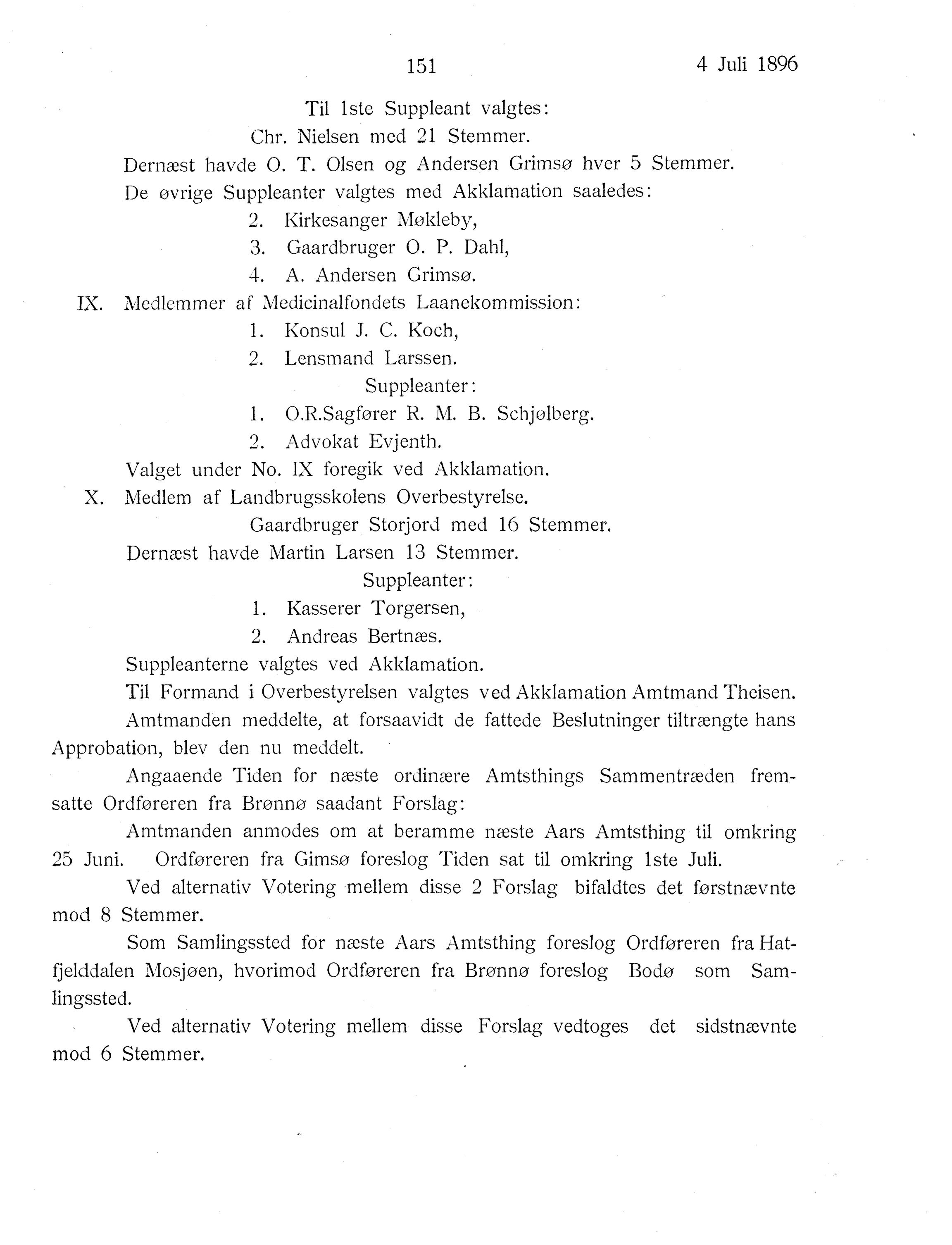 Nordland Fylkeskommune. Fylkestinget, AIN/NFK-17/176/A/Ac/L0019: Fylkestingsforhandlinger 1896, 1896