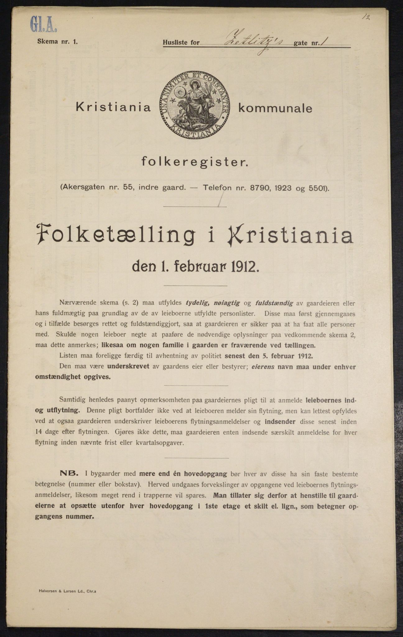 OBA, Kommunal folketelling 1.2.1912 for Kristiania, 1912, s. 128576