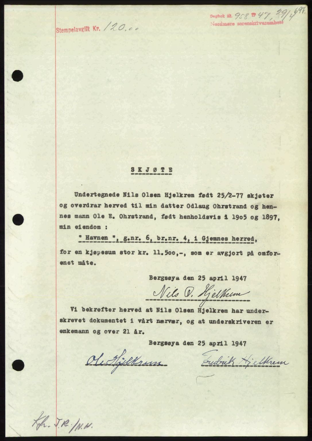 Nordmøre sorenskriveri, SAT/A-4132/1/2/2Ca: Pantebok nr. A104, 1947-1947, Dagboknr: 958/1947