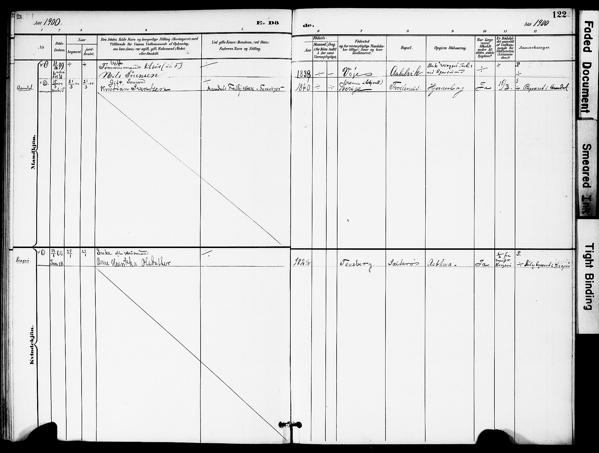 Austre Moland sokneprestkontor, SAK/1111-0001/F/Fa/Fab/L0002: Ministerialbok nr. A 2, 1894-1919, s. 122