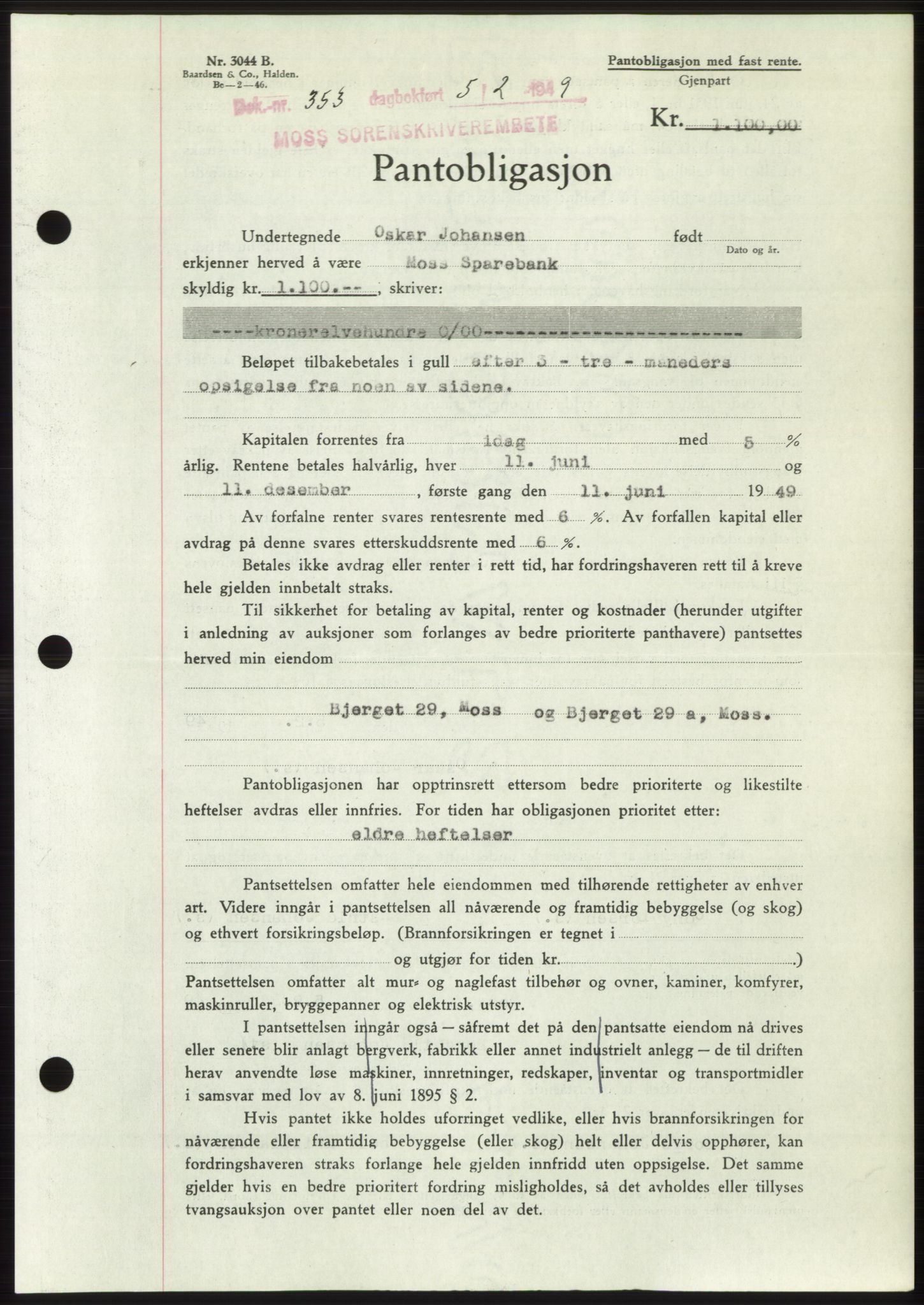 Moss sorenskriveri, SAO/A-10168: Pantebok nr. B21, 1949-1949, Dagboknr: 353/1949