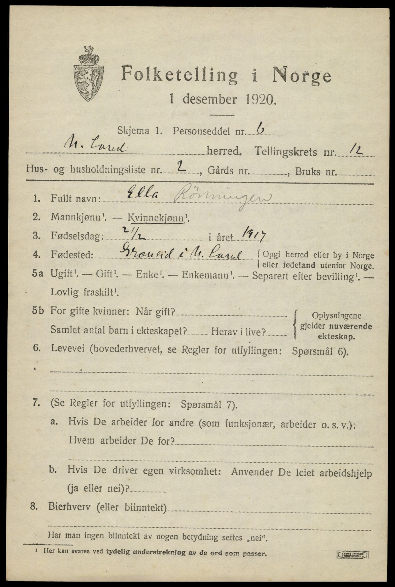 SAH, Folketelling 1920 for 0538 Nordre Land herred, 1920, s. 5854