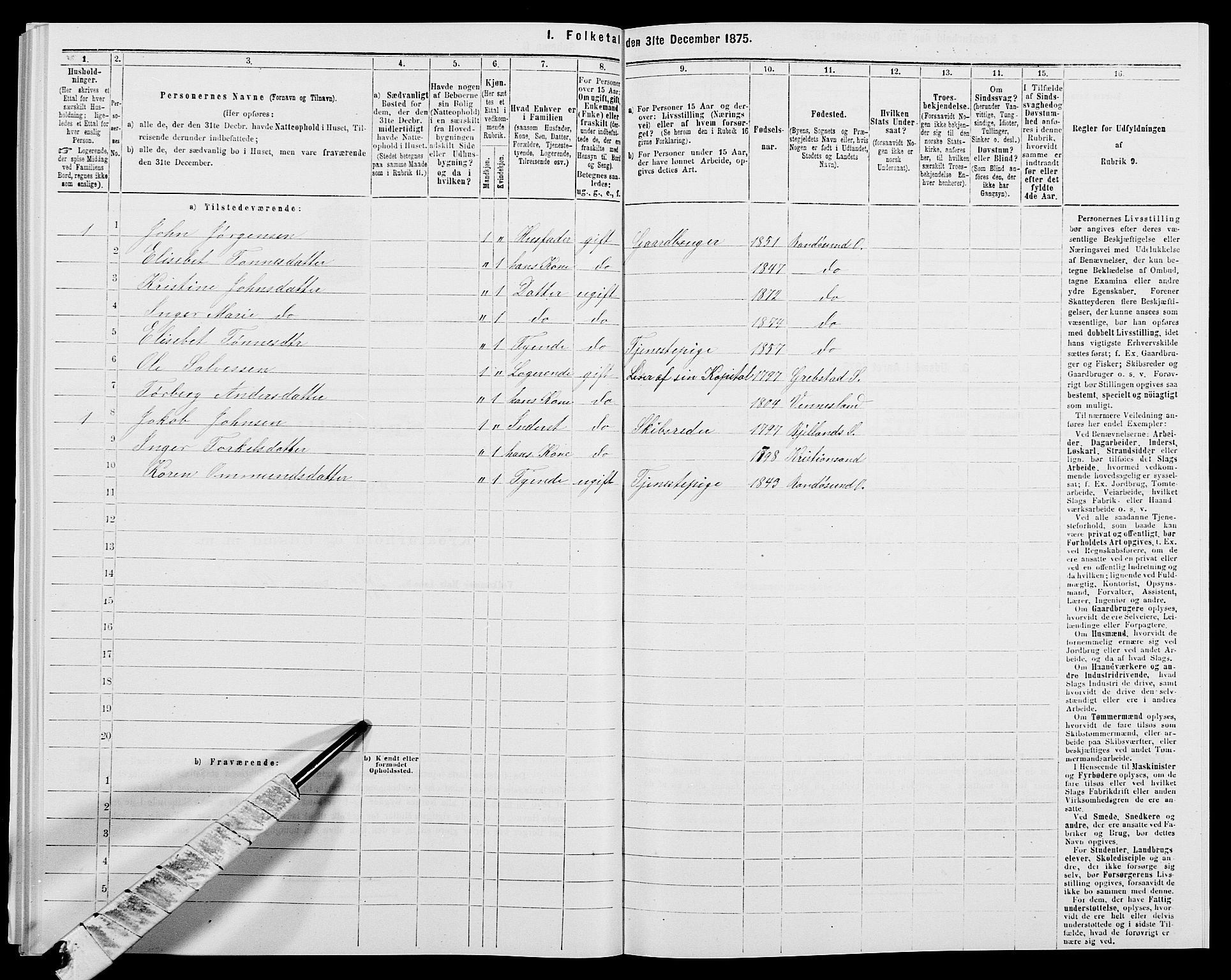 SAK, Folketelling 1875 for 1012P Oddernes prestegjeld, 1875, s. 1338
