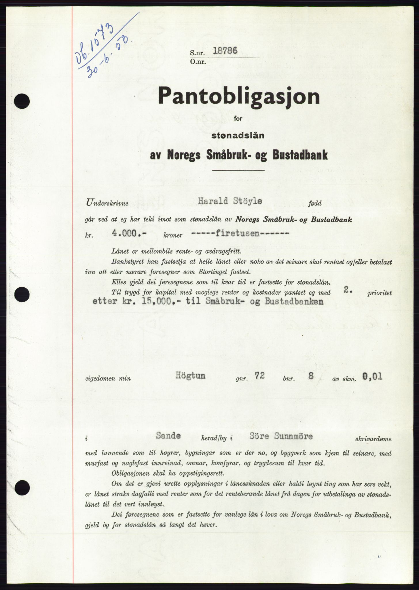 Søre Sunnmøre sorenskriveri, SAT/A-4122/1/2/2C/L0123: Pantebok nr. 11B, 1953-1953, Dagboknr: 1573/1953