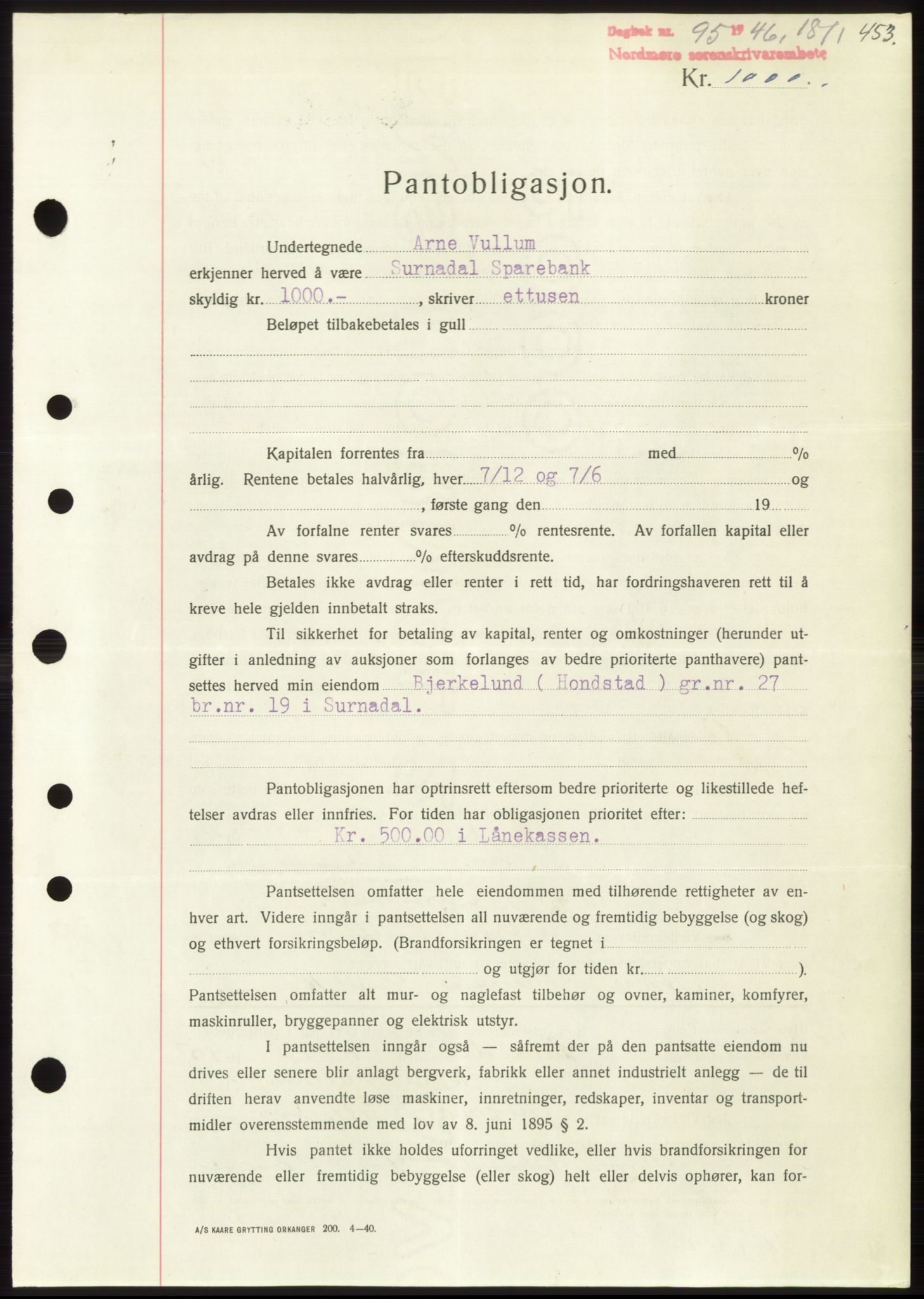 Nordmøre sorenskriveri, SAT/A-4132/1/2/2Ca: Pantebok nr. B93b, 1946-1946, Dagboknr: 95/1946