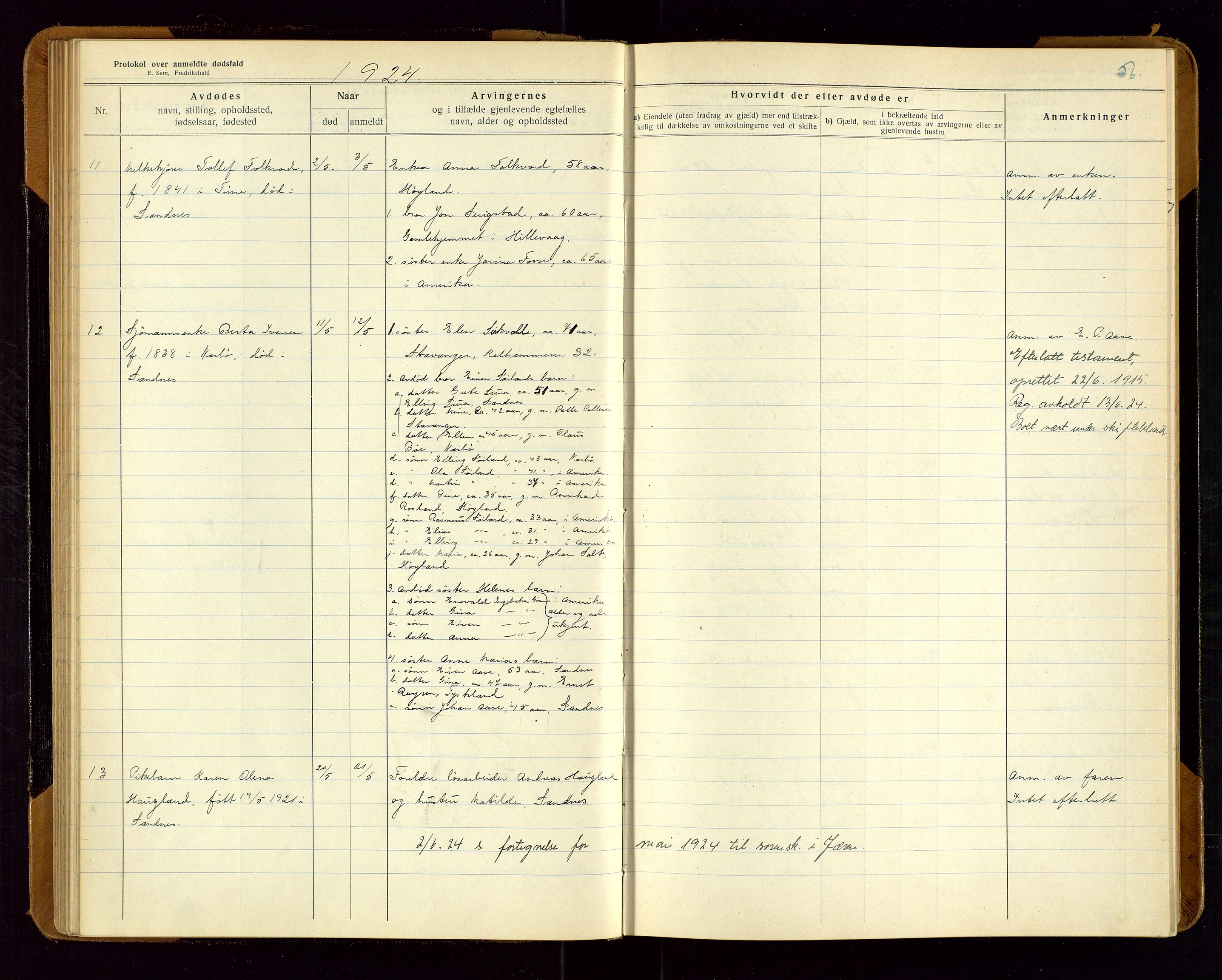 Sandnes lensmannskontor, AV/SAST-A-100167/Gga/L0001: "Protokol over anmeldte dødsfald" m/register, 1918-1940, s. 56