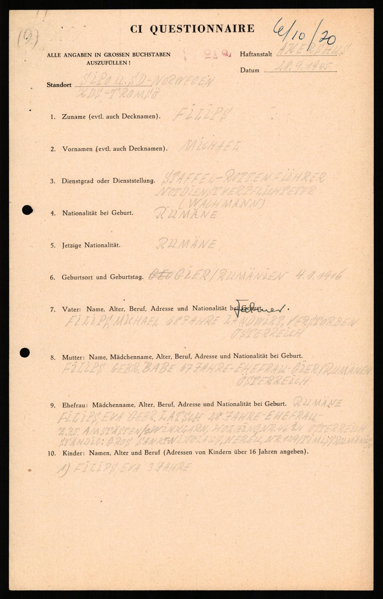 Forsvaret, Forsvarets overkommando II, RA/RAFA-3915/D/Db/L0041: CI Questionaires.  Diverse nasjonaliteter., 1945-1946, s. 97