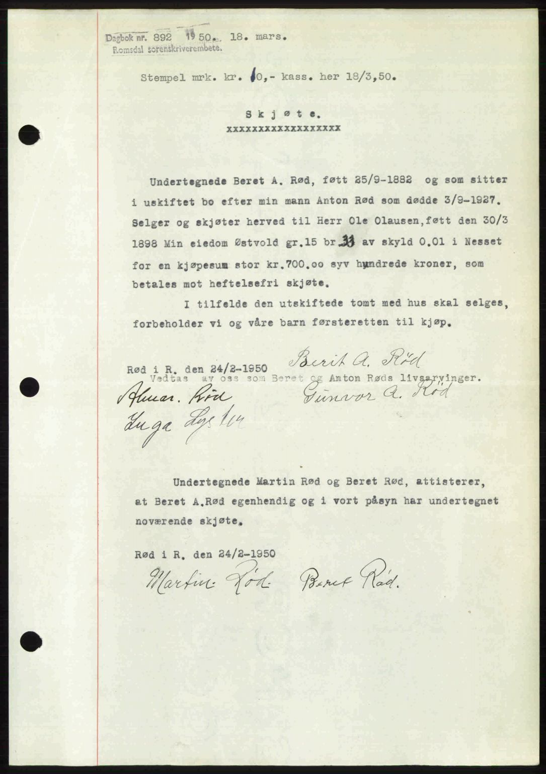 Romsdal sorenskriveri, SAT/A-4149/1/2/2C: Pantebok nr. A32, 1950-1950, Dagboknr: 892/1950