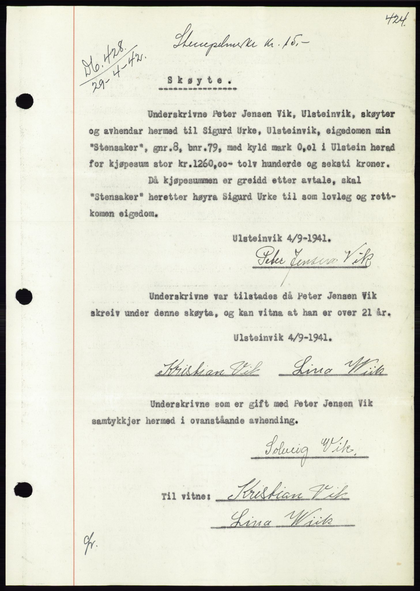 Søre Sunnmøre sorenskriveri, AV/SAT-A-4122/1/2/2C/L0073: Pantebok nr. 67, 1941-1942, Dagboknr: 428/1942