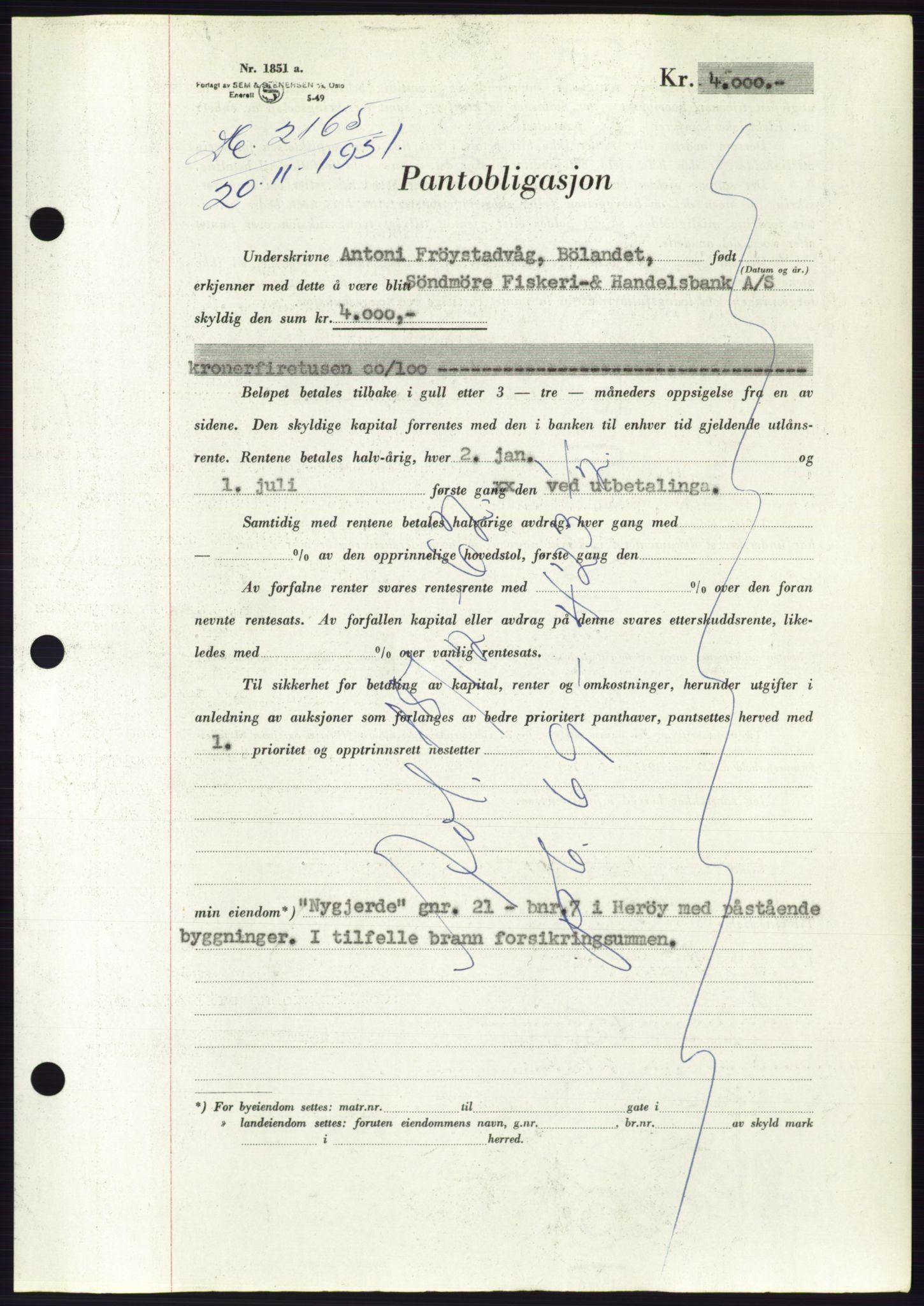 Søre Sunnmøre sorenskriveri, AV/SAT-A-4122/1/2/2C/L0120: Pantebok nr. 8B, 1951-1951, Dagboknr: 2165/1951