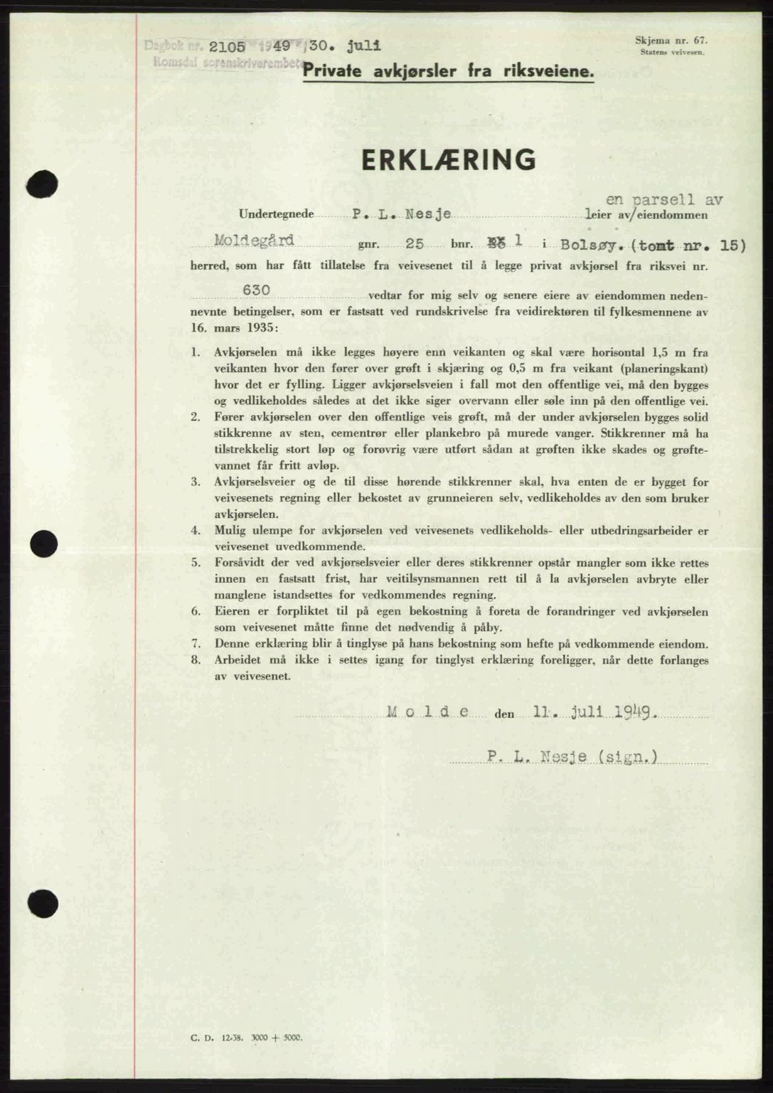 Romsdal sorenskriveri, SAT/A-4149/1/2/2C: Pantebok nr. A30, 1949-1949, Dagboknr: 2105/1949