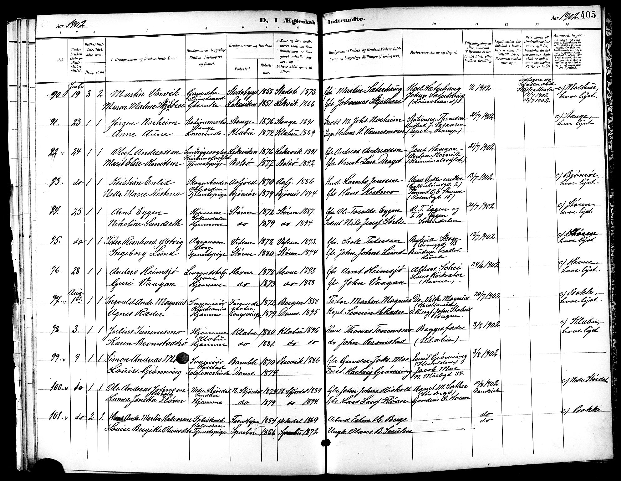 Ministerialprotokoller, klokkerbøker og fødselsregistre - Sør-Trøndelag, SAT/A-1456/601/L0094: Klokkerbok nr. 601C12, 1898-1911, s. 405