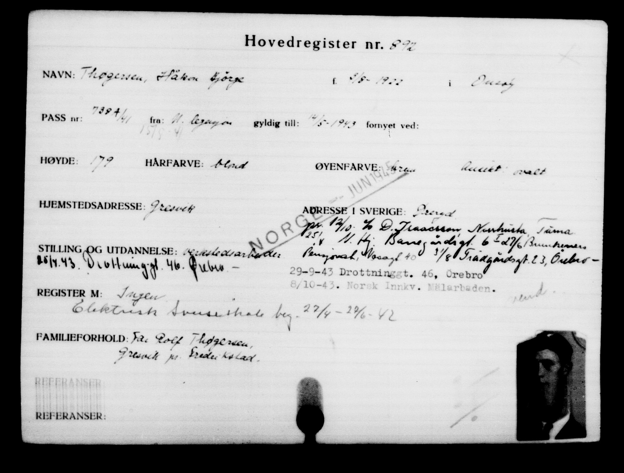 Utenriksstasjonene, Legasjonen i Stockholm, Flyktningkontoret, AV/RA-S-6753/V/Va/L0001: Kjesäterkartoteket, flyktninger med registreringsnr. 1-1000, 1940-1945, s. 1412