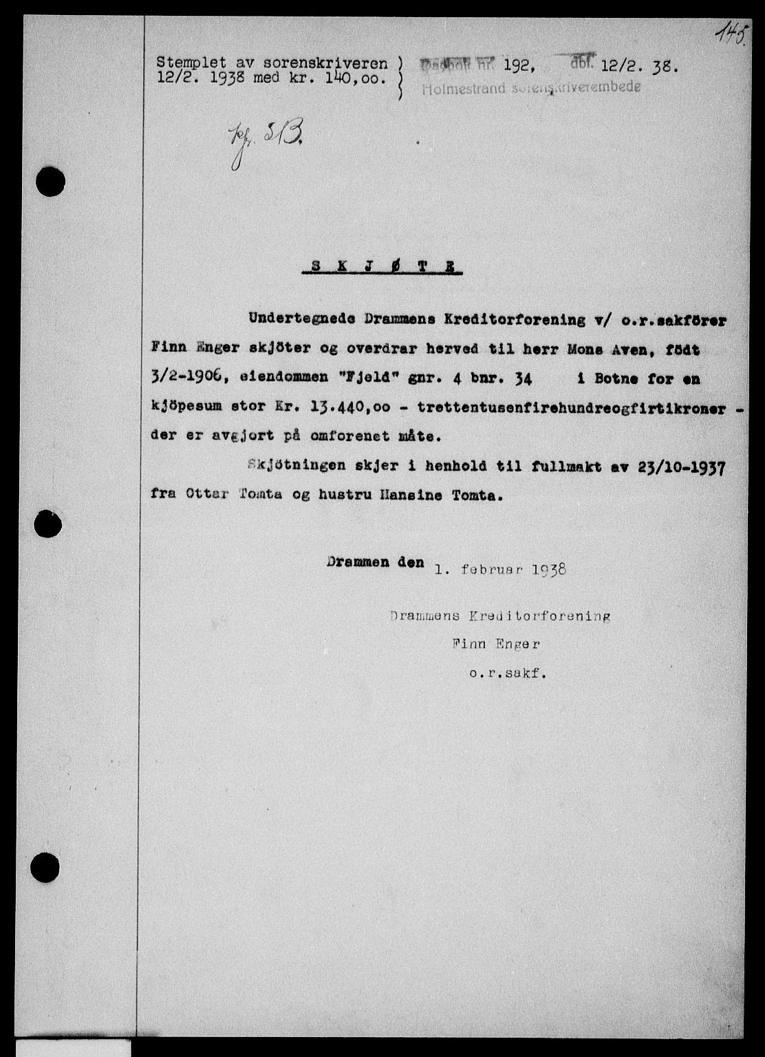 Holmestrand sorenskriveri, SAKO/A-67/G/Ga/Gaa/L0049: Pantebok nr. A-49, 1937-1938, Dagboknr: 192/1938