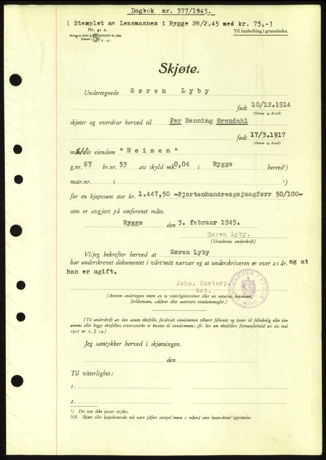 Moss sorenskriveri, SAO/A-10168: Pantebok nr. A13, 1944-1945, Dagboknr: 377/1945