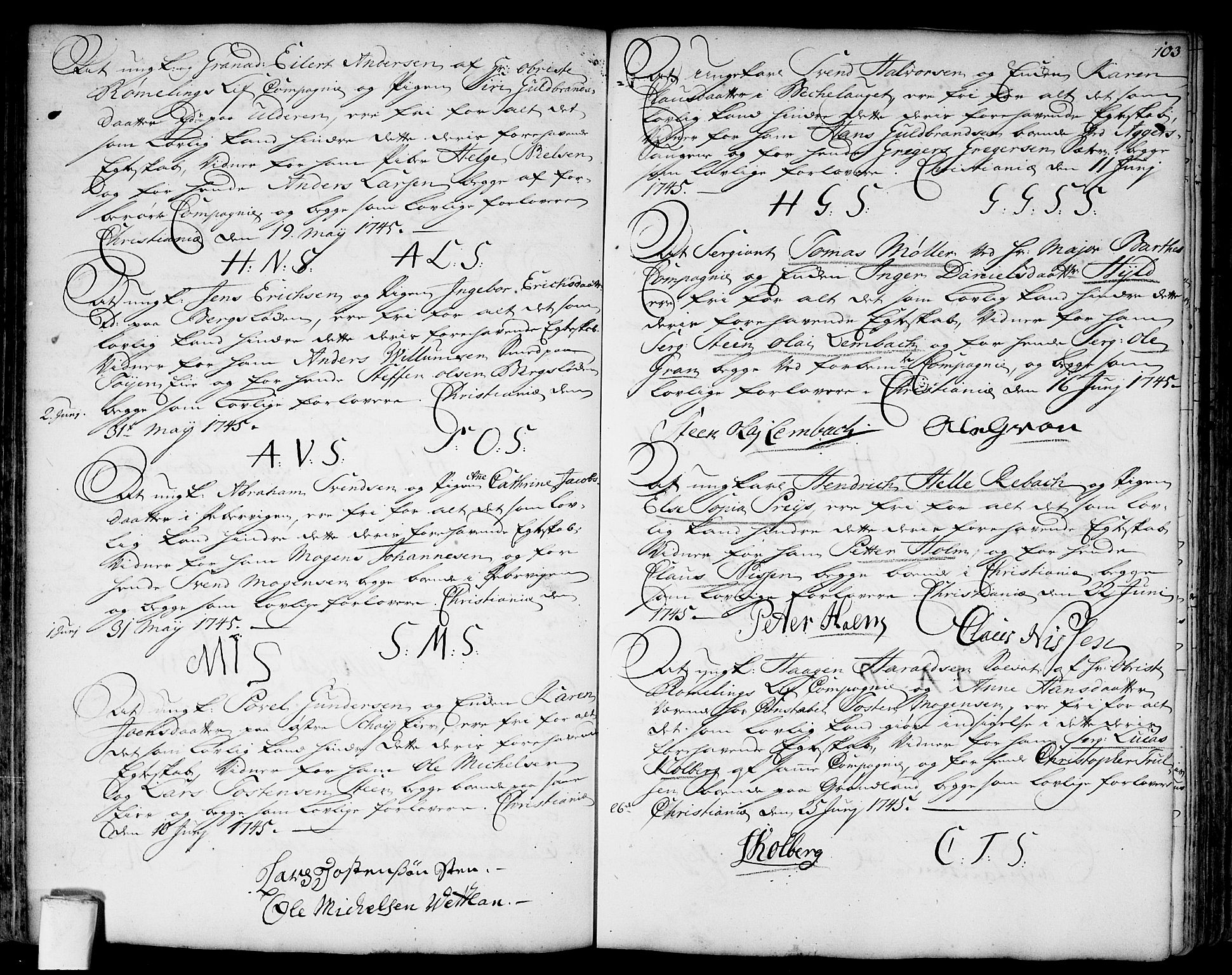 Aker prestekontor kirkebøker, SAO/A-10861/L/L0002: Forlovererklæringer nr. 2, 1734-1773, s. 103