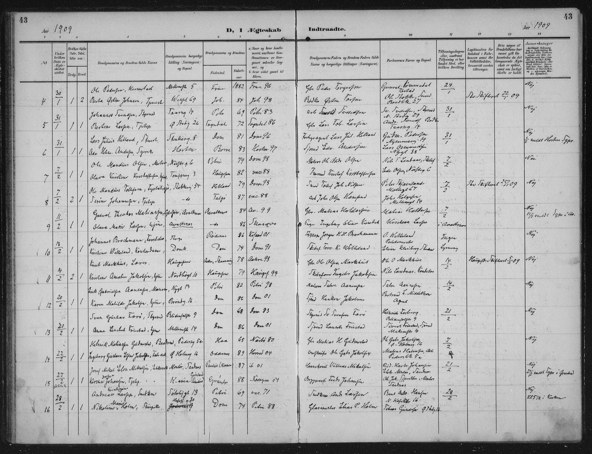 Domkirken sokneprestkontor, SAST/A-101812/002/A/L0016: Ministerialbok nr. A 33, 1905-1922, s. 43