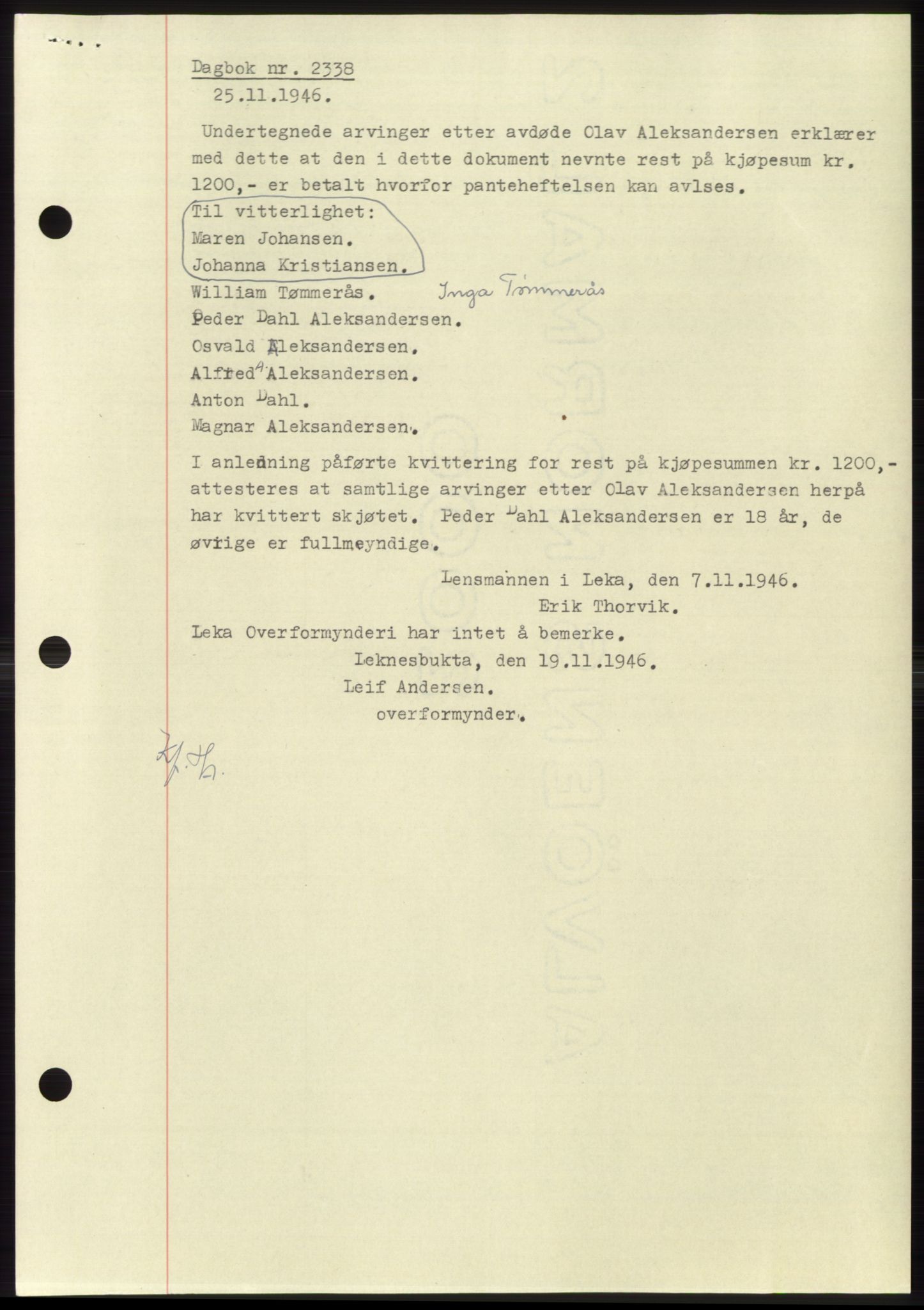 Namdal sorenskriveri, SAT/A-4133/1/2/2C: Pantebok nr. -, 1946-1947, Dagboknr: 2338/1946