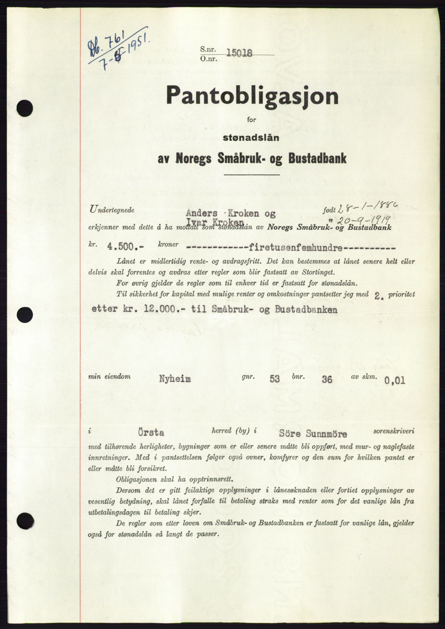 Søre Sunnmøre sorenskriveri, SAT/A-4122/1/2/2C/L0120: Pantebok nr. 8B, 1951-1951, Dagboknr: 761/1951