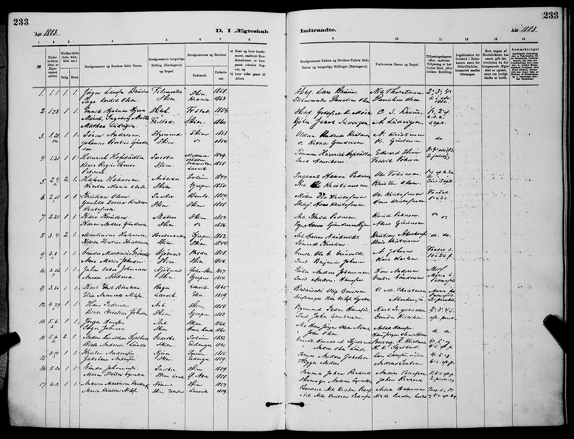 Skien kirkebøker, AV/SAKO-A-302/G/Ga/L0006: Klokkerbok nr. 6, 1881-1890, s. 233