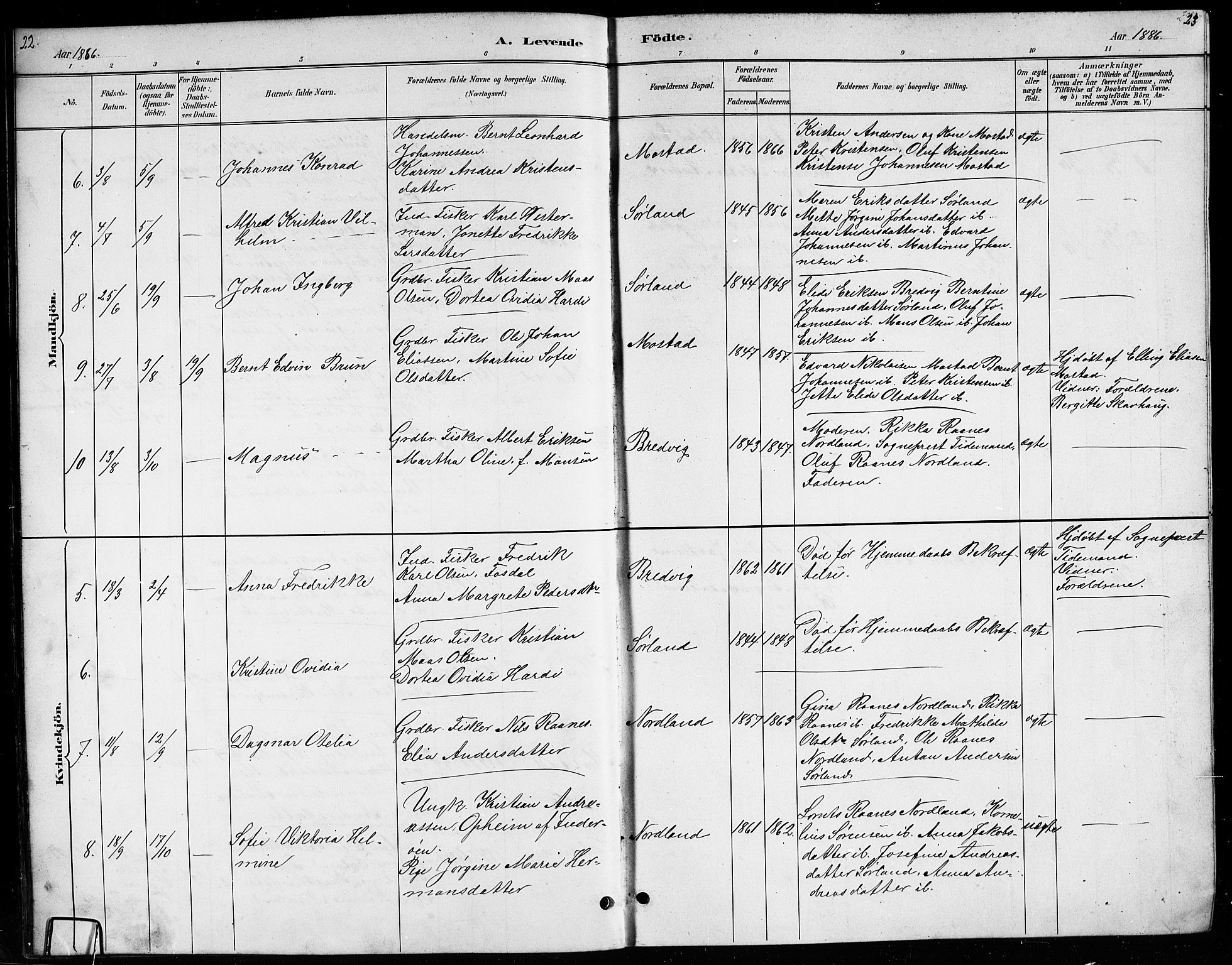 Ministerialprotokoller, klokkerbøker og fødselsregistre - Nordland, AV/SAT-A-1459/807/L0123: Klokkerbok nr. 807C01, 1884-1910, s. 22-23