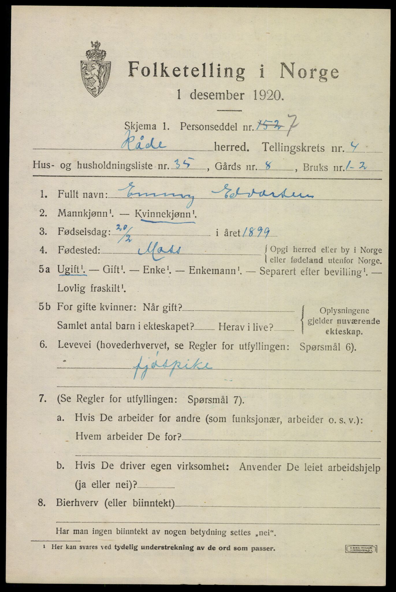 SAO, Folketelling 1920 for 0135 Råde herred, 1920, s. 4345