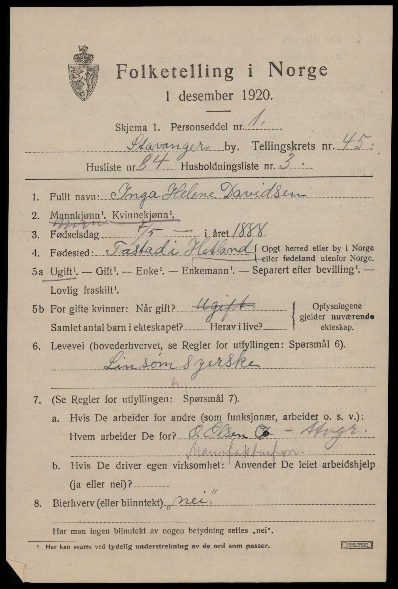 SAST, Folketelling 1920 for 1103 Stavanger kjøpstad, 1920, s. 111810