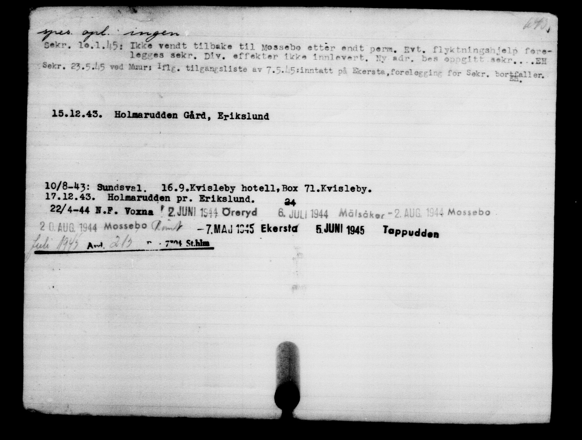 Utenriksstasjonene, Legasjonen i Stockholm, Flyktningkontoret, AV/RA-S-6753/V/Va/L0002: Kjesäterkartoteket, flyktninger med registreringsnr. 1001-2000, 1940-1945, s. 302