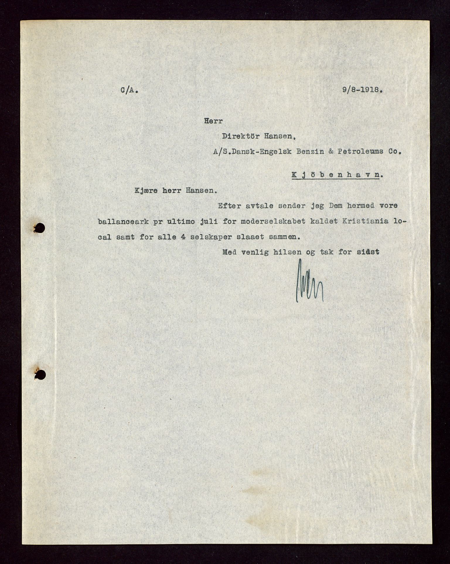 Pa 1521 - A/S Norske Shell, AV/SAST-A-101915/E/Ea/Eaa/L0004: Sjefskorrespondanse, 1918, s. 190