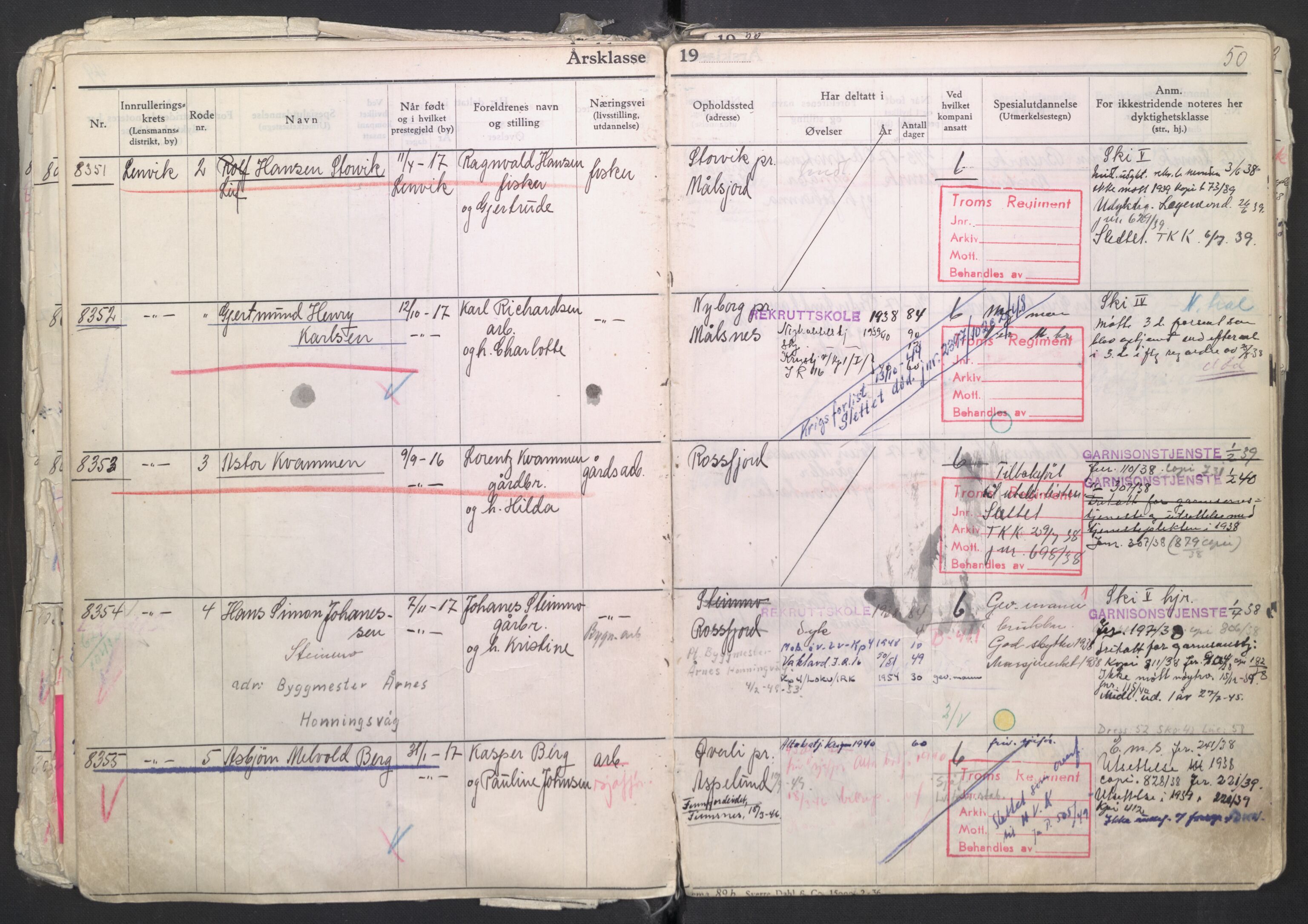 Forsvaret, Troms infanteriregiment nr. 16, AV/RA-RAFA-3146/P/Pa/L0007/0003: Ruller / Rulle for regimentets menige mannskaper, årsklasse 1938, 1938, s. 50