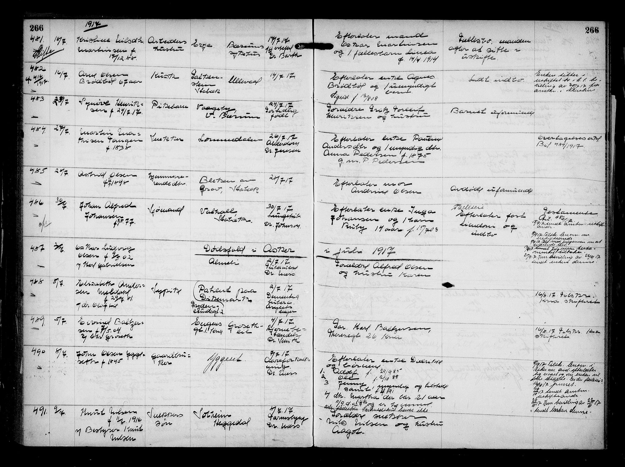 Aker kriminaldommer, skifte- og auksjonsforvalterembete, SAO/A-10452/H/Hb/Hba/Hbaa/L0004: Dødsfallsprotokoll, 1914-1918, s. 266