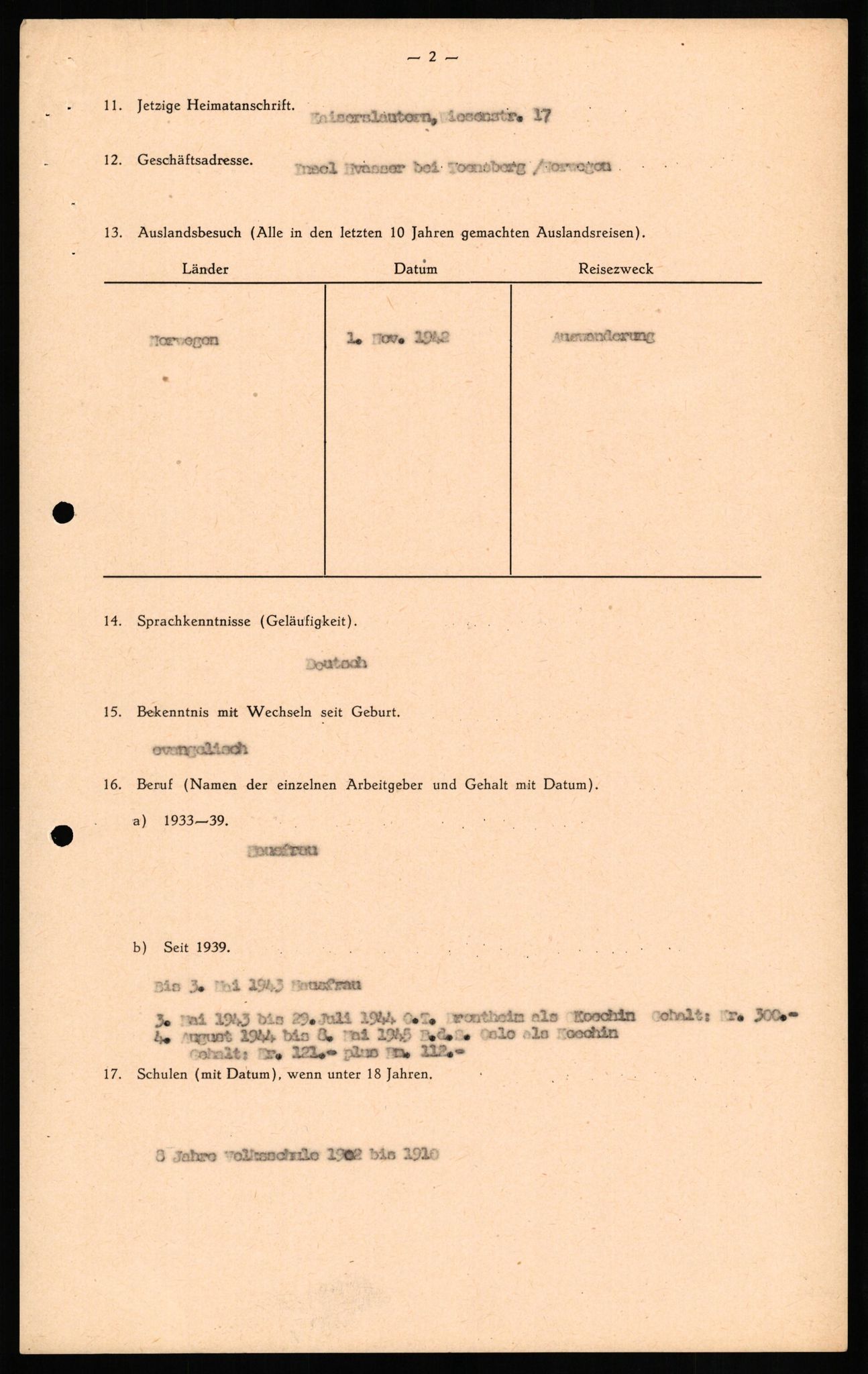 Forsvaret, Forsvarets overkommando II, RA/RAFA-3915/D/Db/L0019: CI Questionaires. Tyske okkupasjonsstyrker i Norge. Tyskere., 1945-1946, s. 379
