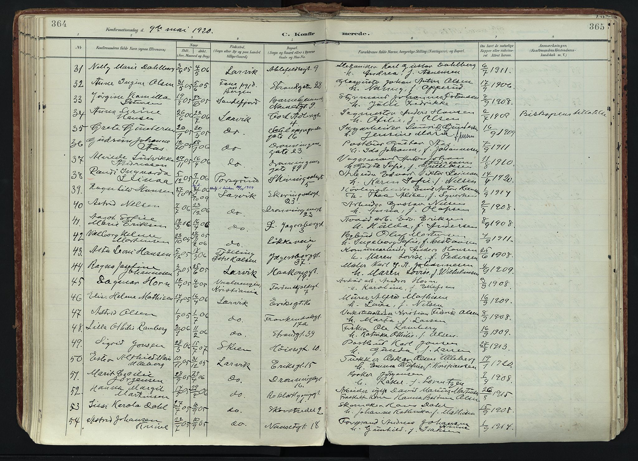 Larvik kirkebøker, AV/SAKO-A-352/F/Fa/L0011: Ministerialbok nr. I 11, 1902-1922, s. 364-365