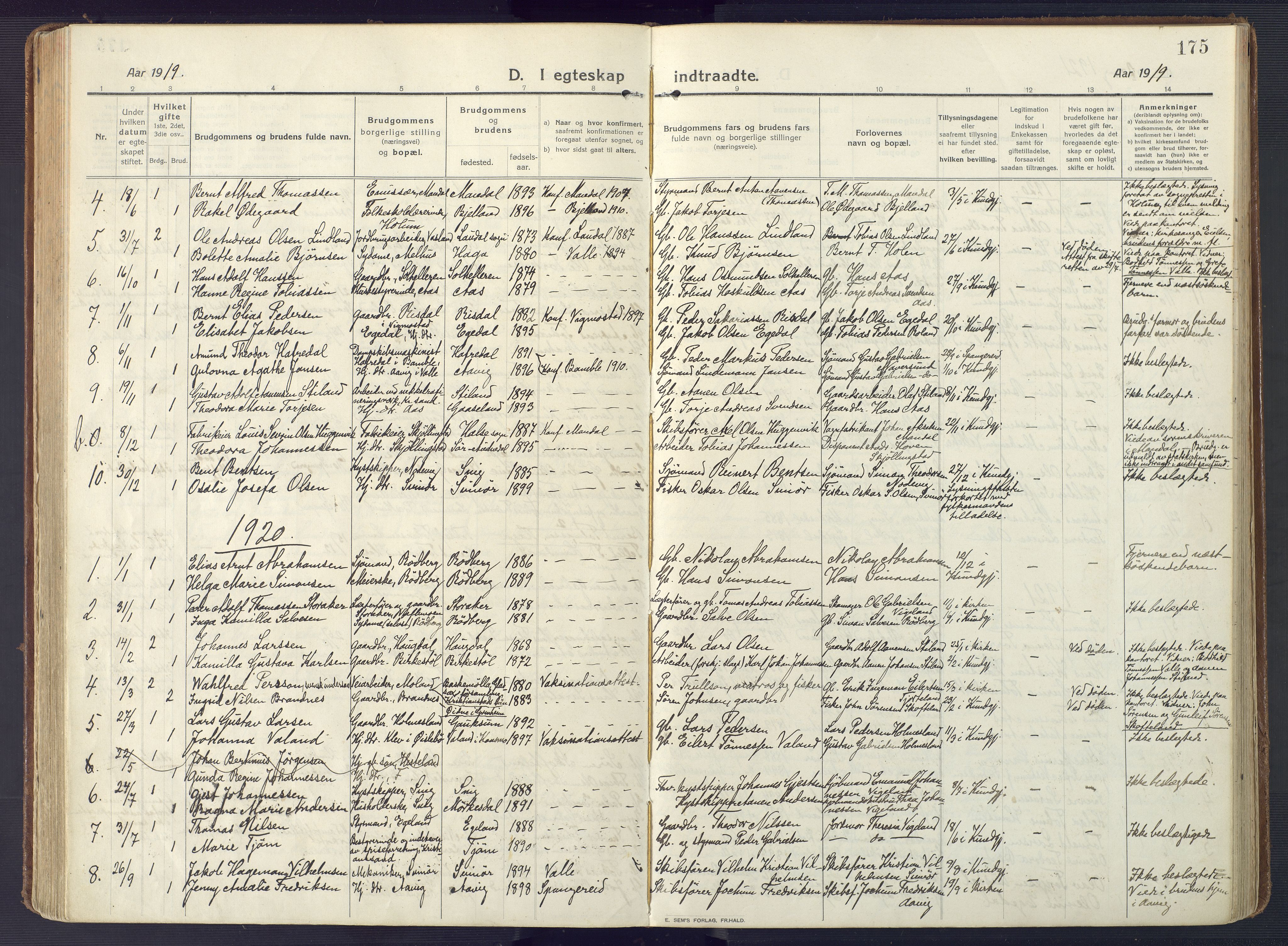 Sør-Audnedal sokneprestkontor, SAK/1111-0039/F/Fa/Fab/L0011: Ministerialbok nr. A 11, 1912-1938, s. 175