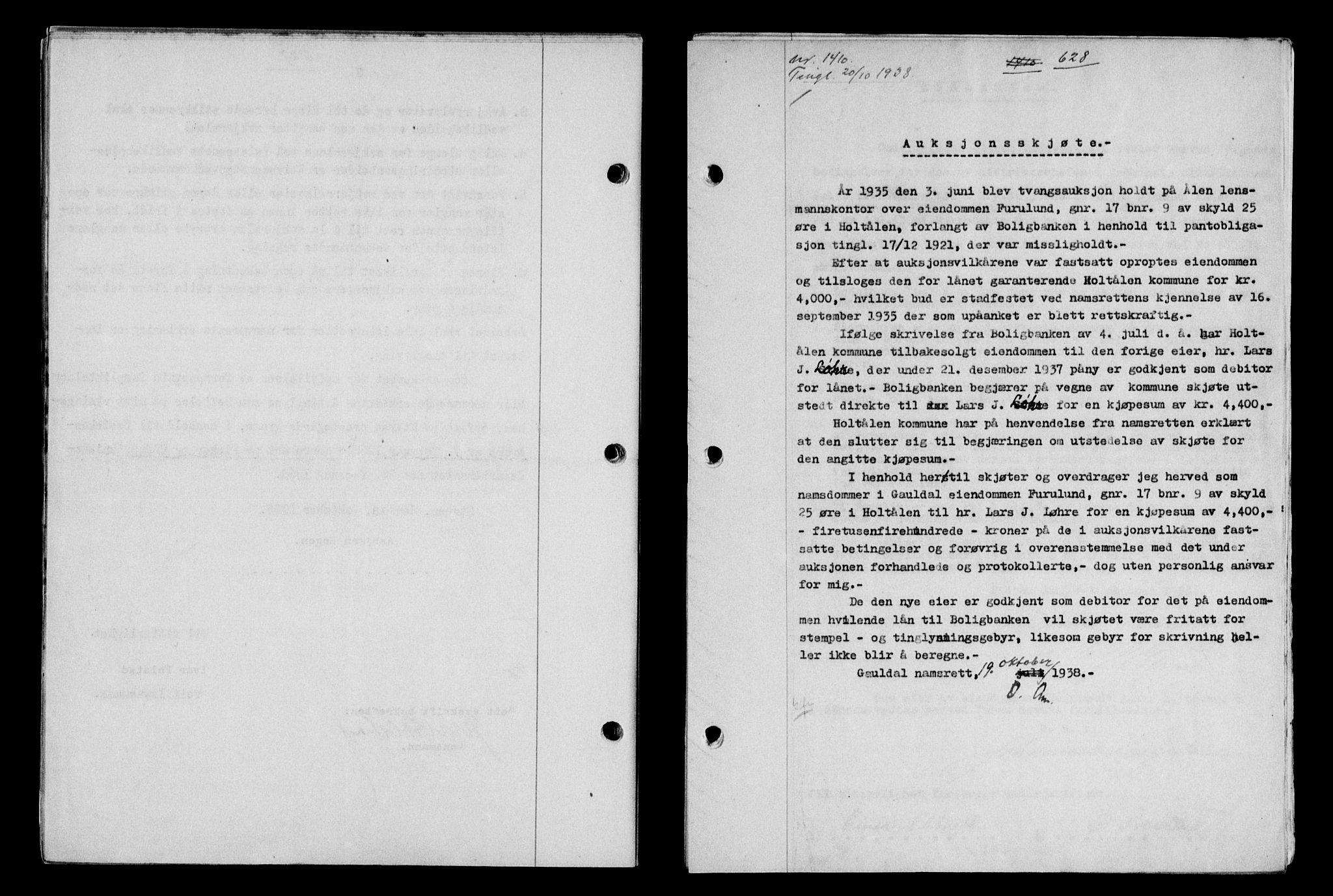 Gauldal sorenskriveri, SAT/A-0014/1/2/2C/L0049: Pantebok nr. 53, 1938-1938, Dagboknr: 1410/1938
