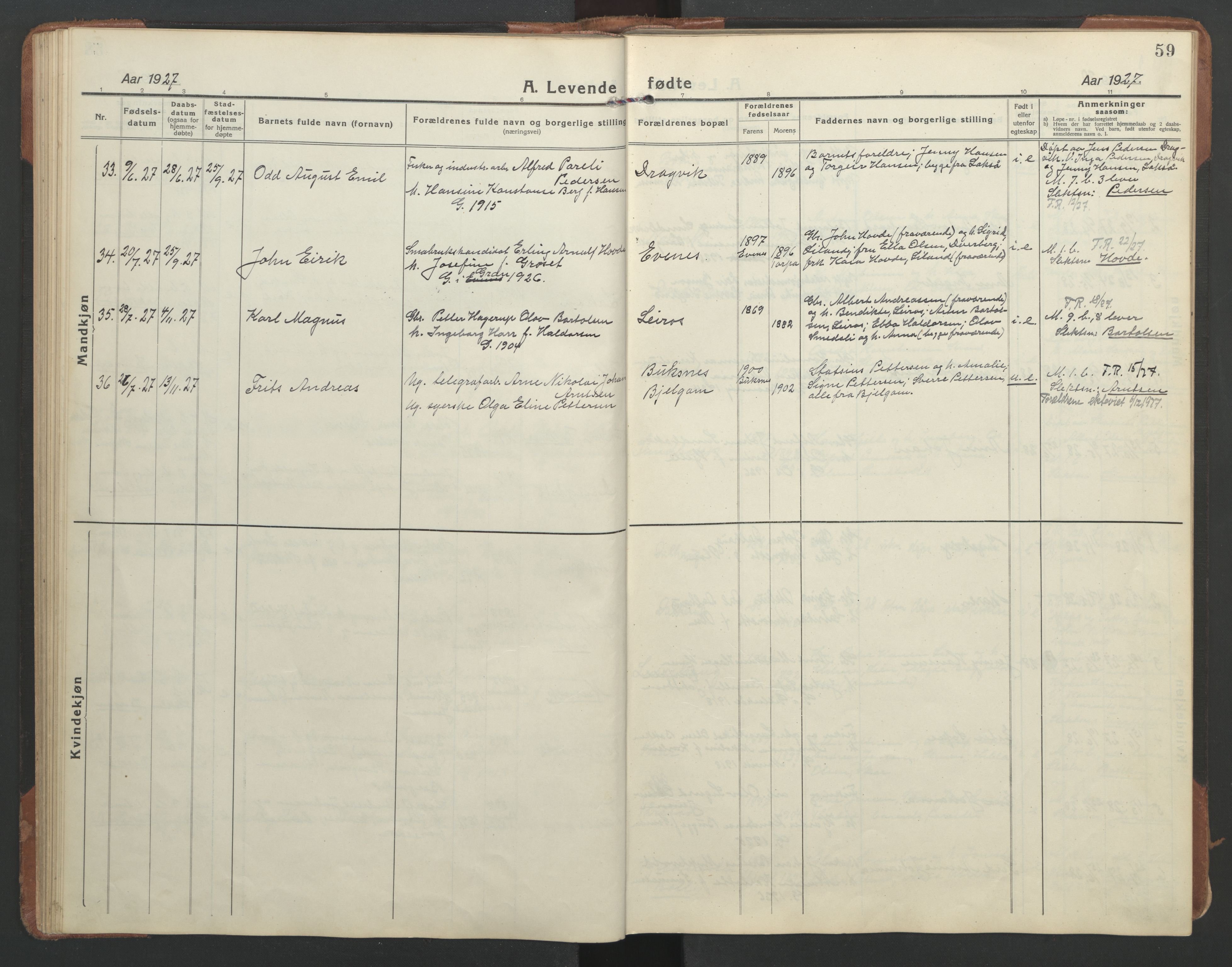 Ministerialprotokoller, klokkerbøker og fødselsregistre - Nordland, AV/SAT-A-1459/863/L0919: Klokkerbok nr. 863C09, 1921-1941, s. 59