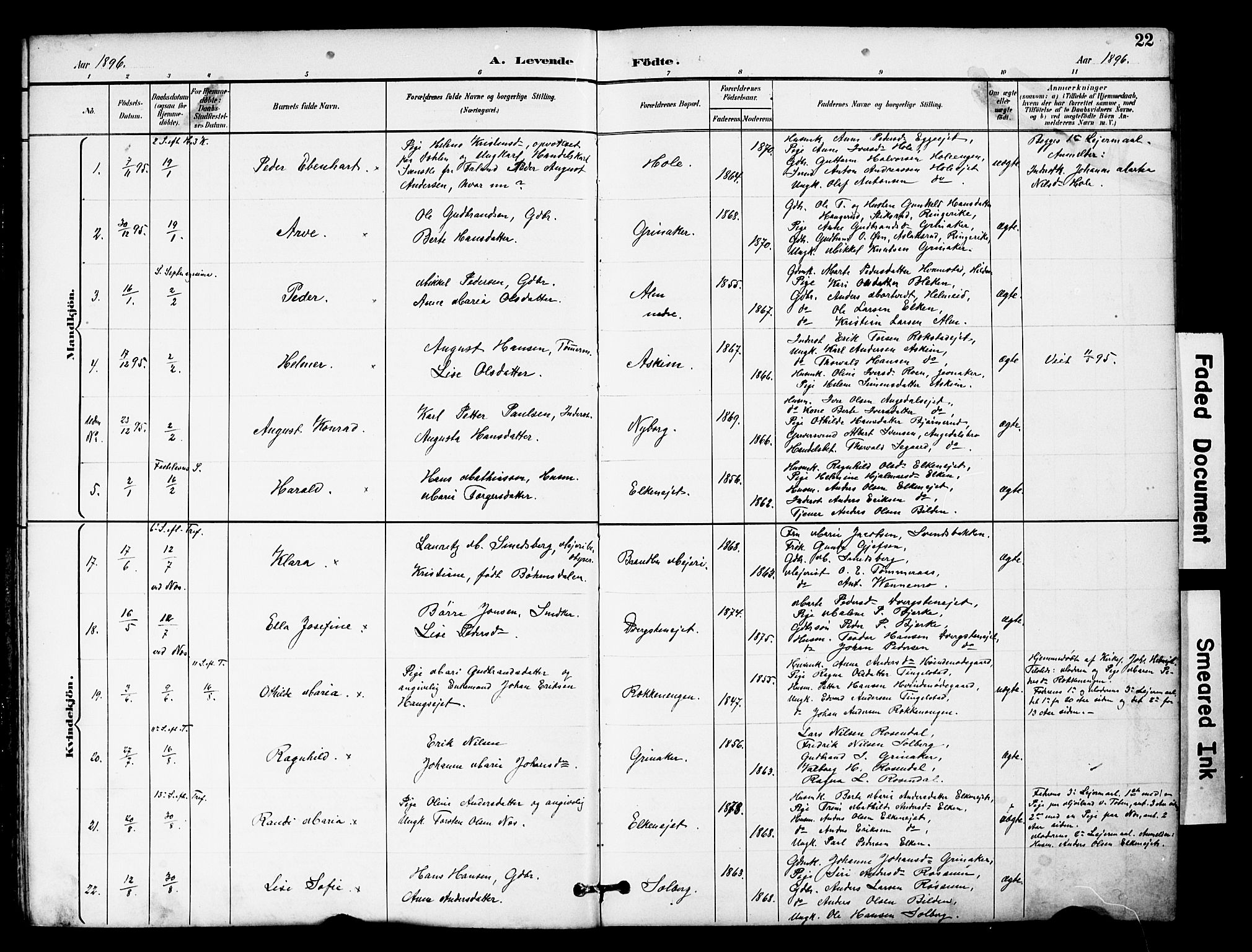 Brandbu prestekontor, AV/SAH-PREST-114/H/Ha/Hab/L0006: Klokkerbok nr. 6, 1893-1902, s. 22