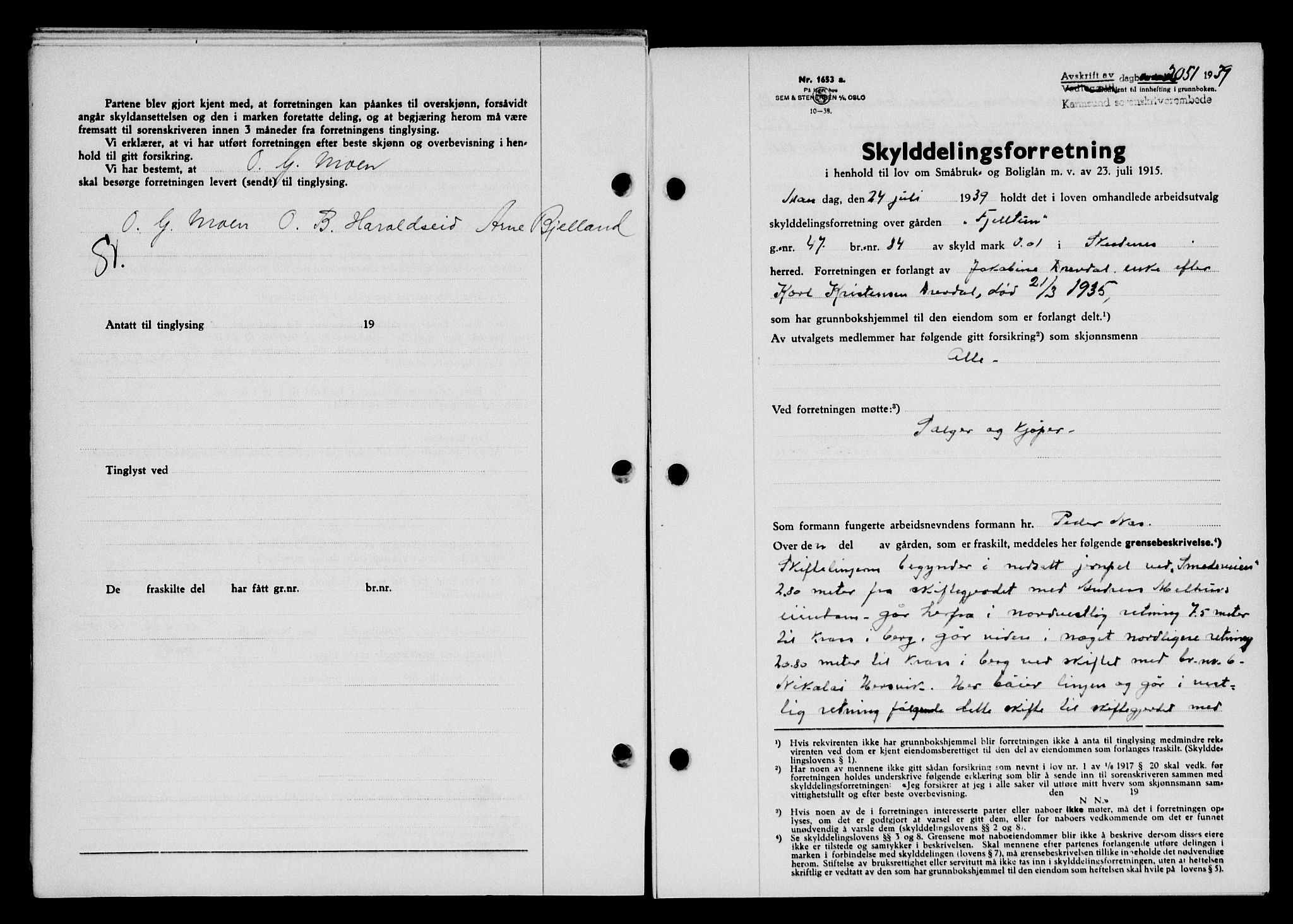 Karmsund sorenskriveri, SAST/A-100311/01/II/IIB/L0072: Pantebok nr. 53A, 1939-1940, Dagboknr: 2051/1939