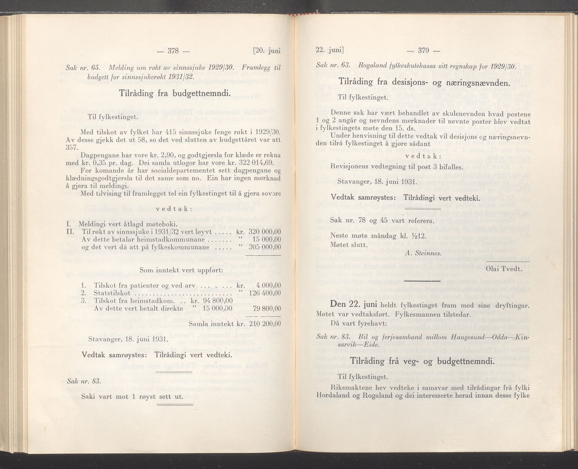 Rogaland fylkeskommune - Fylkesrådmannen , IKAR/A-900/A/Aa/Aaa/L0050: Møtebok , 1931, s. 378-379