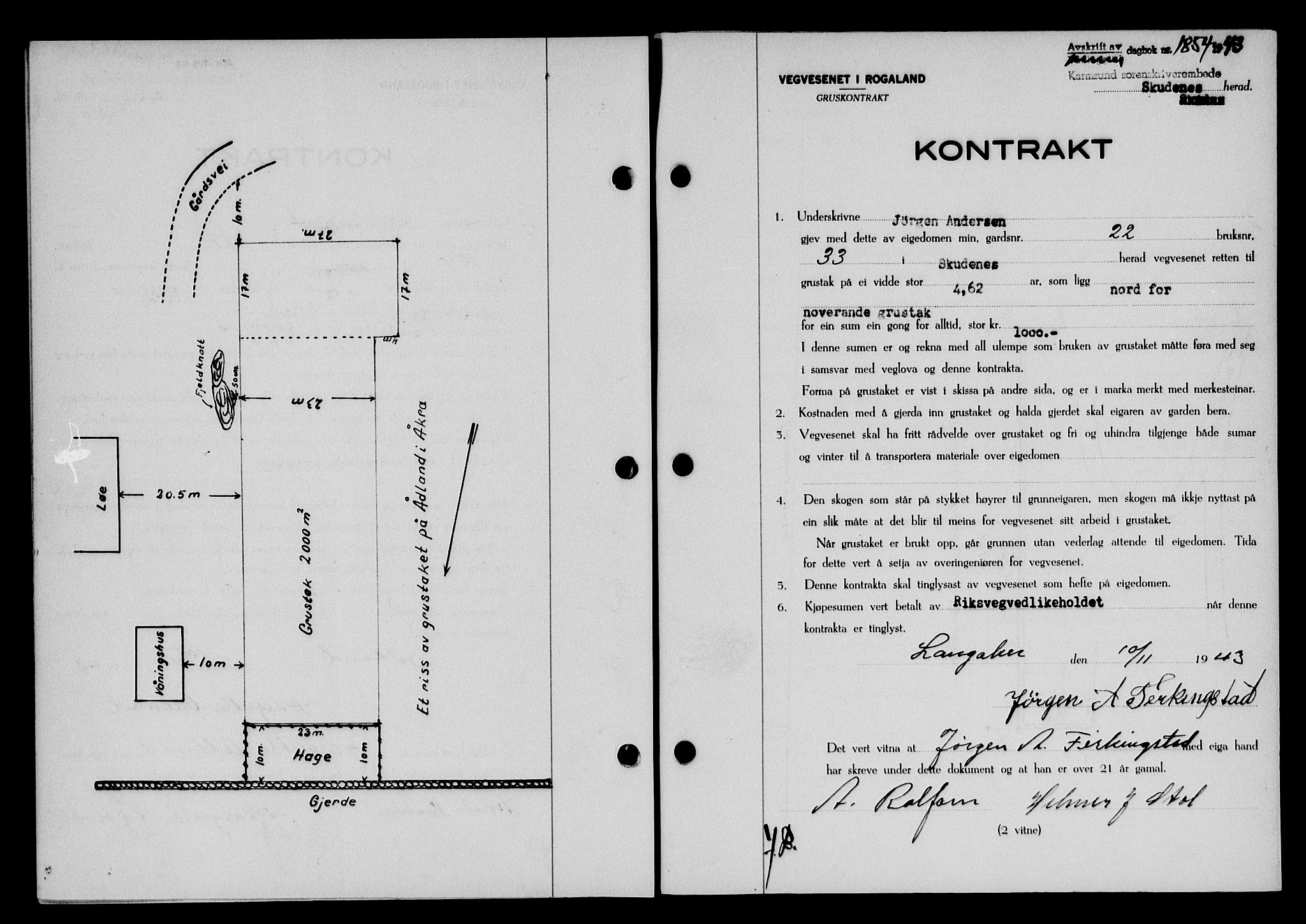 Karmsund sorenskriveri, AV/SAST-A-100311/01/II/IIB/L0080: Pantebok nr. 61A, 1943-1943, Dagboknr: 1854/1943