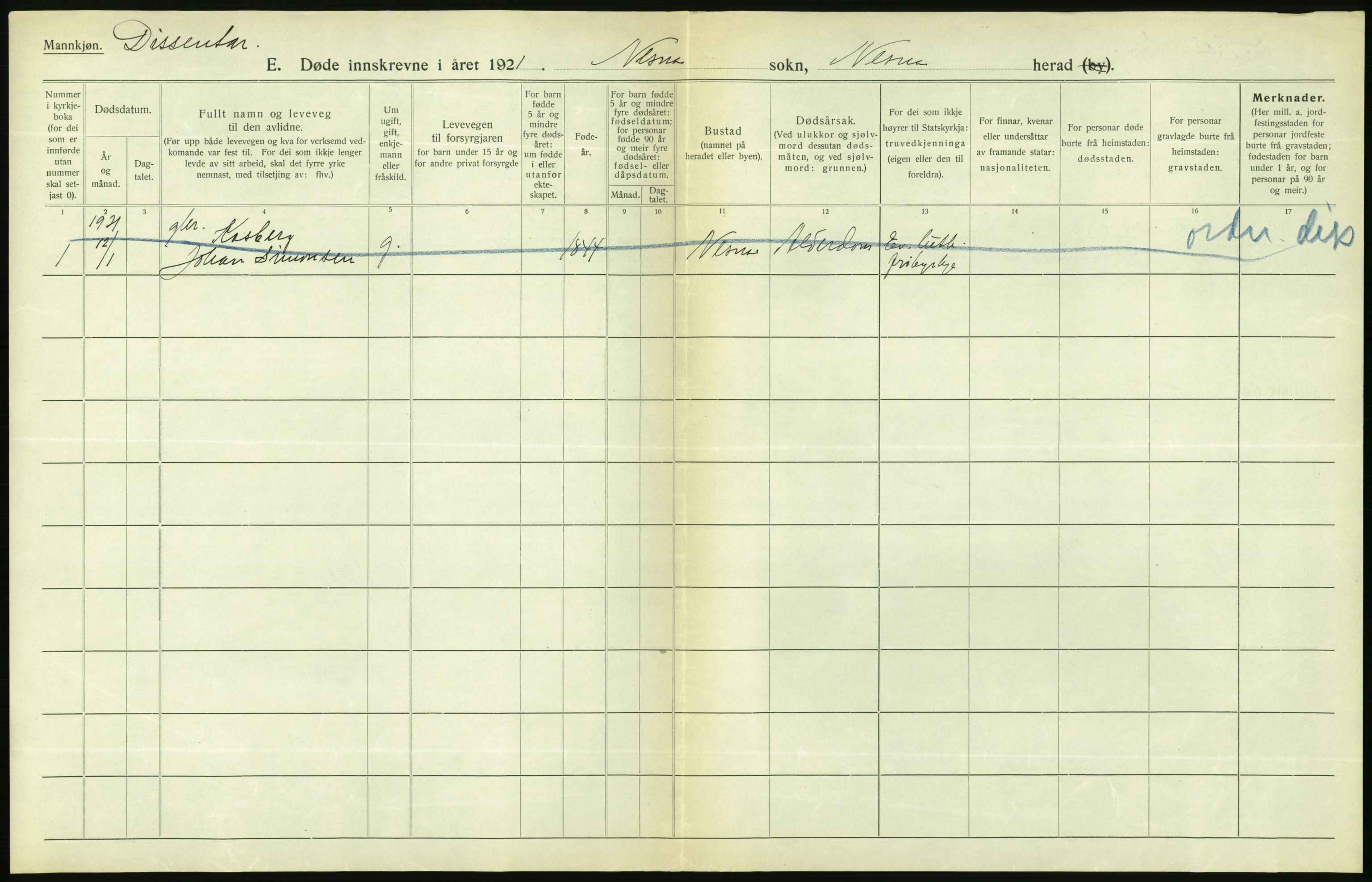 Statistisk sentralbyrå, Sosiodemografiske emner, Befolkning, AV/RA-S-2228/D/Df/Dfc/Dfca/L0051: Nordland fylke: Døde. Bygder og byer., 1921