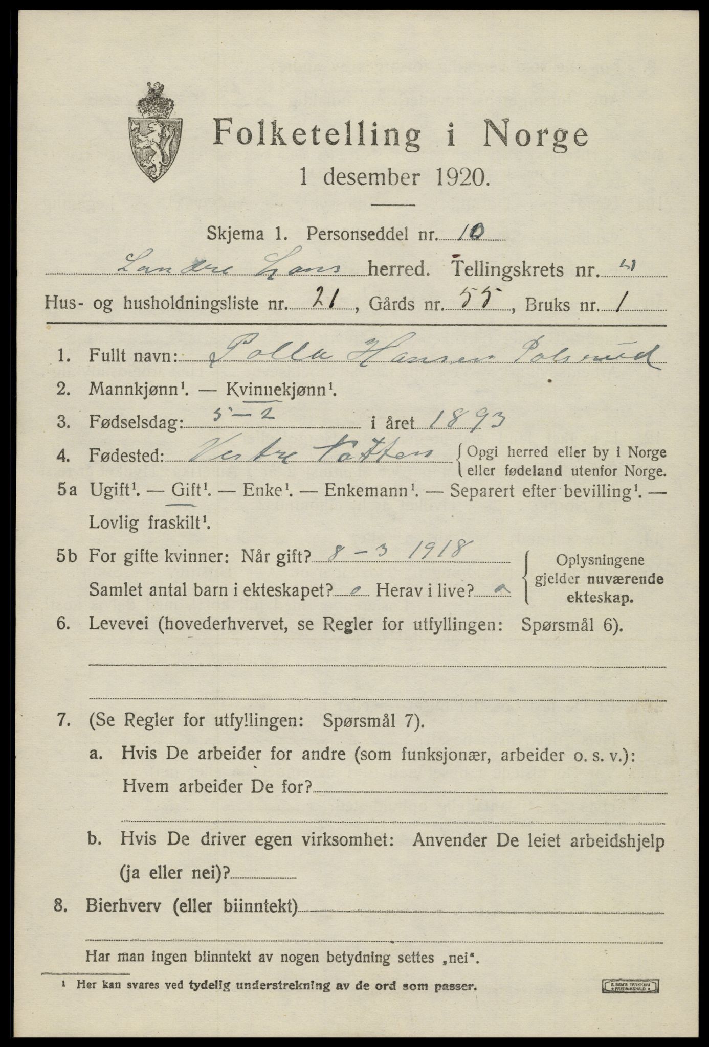 SAH, Folketelling 1920 for 0536 Søndre Land herred, 1920, s. 4953