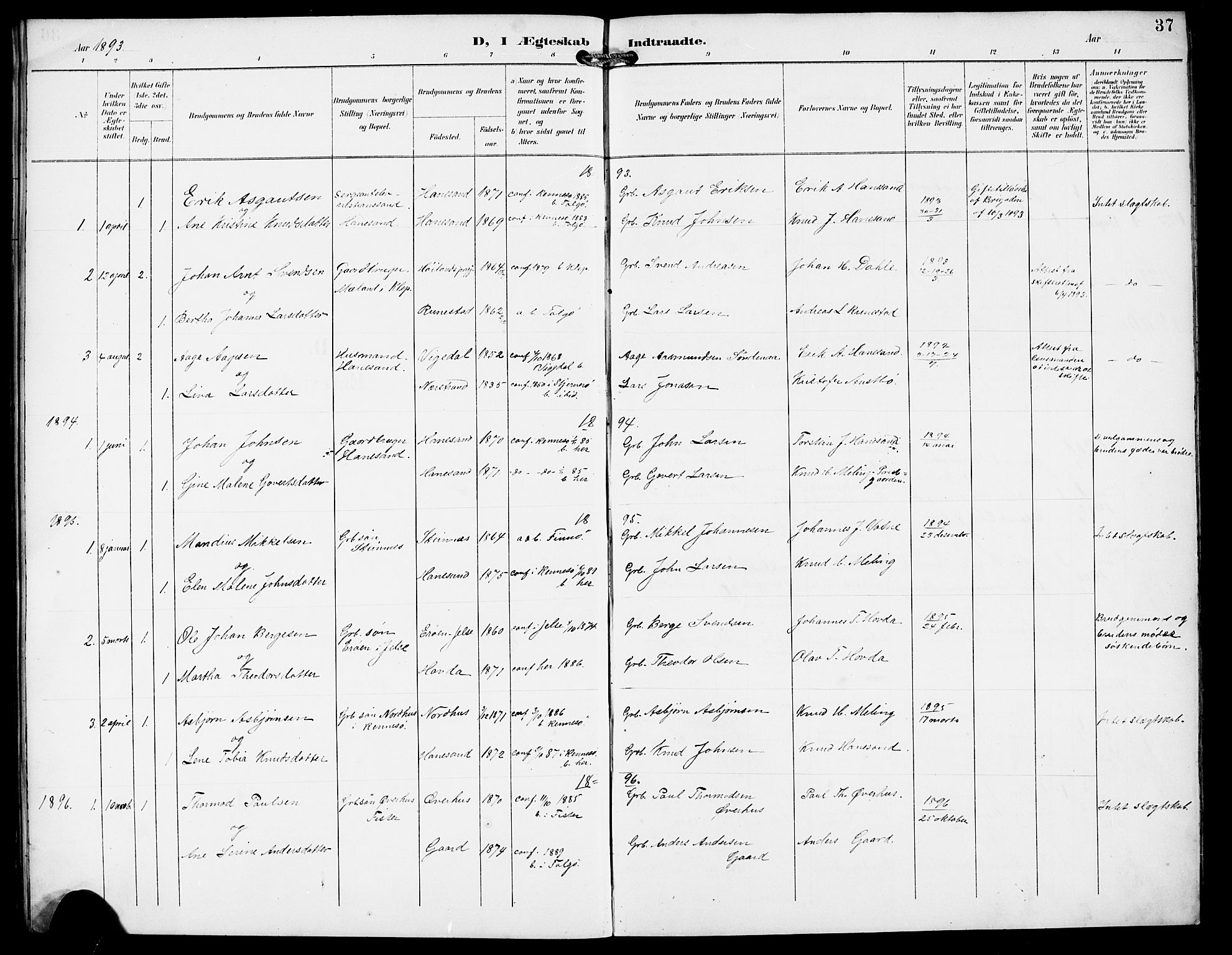 Finnøy sokneprestkontor, AV/SAST-A-101825/H/Ha/Hab/L0005: Klokkerbok nr. B 5, 1891-1916, s. 37
