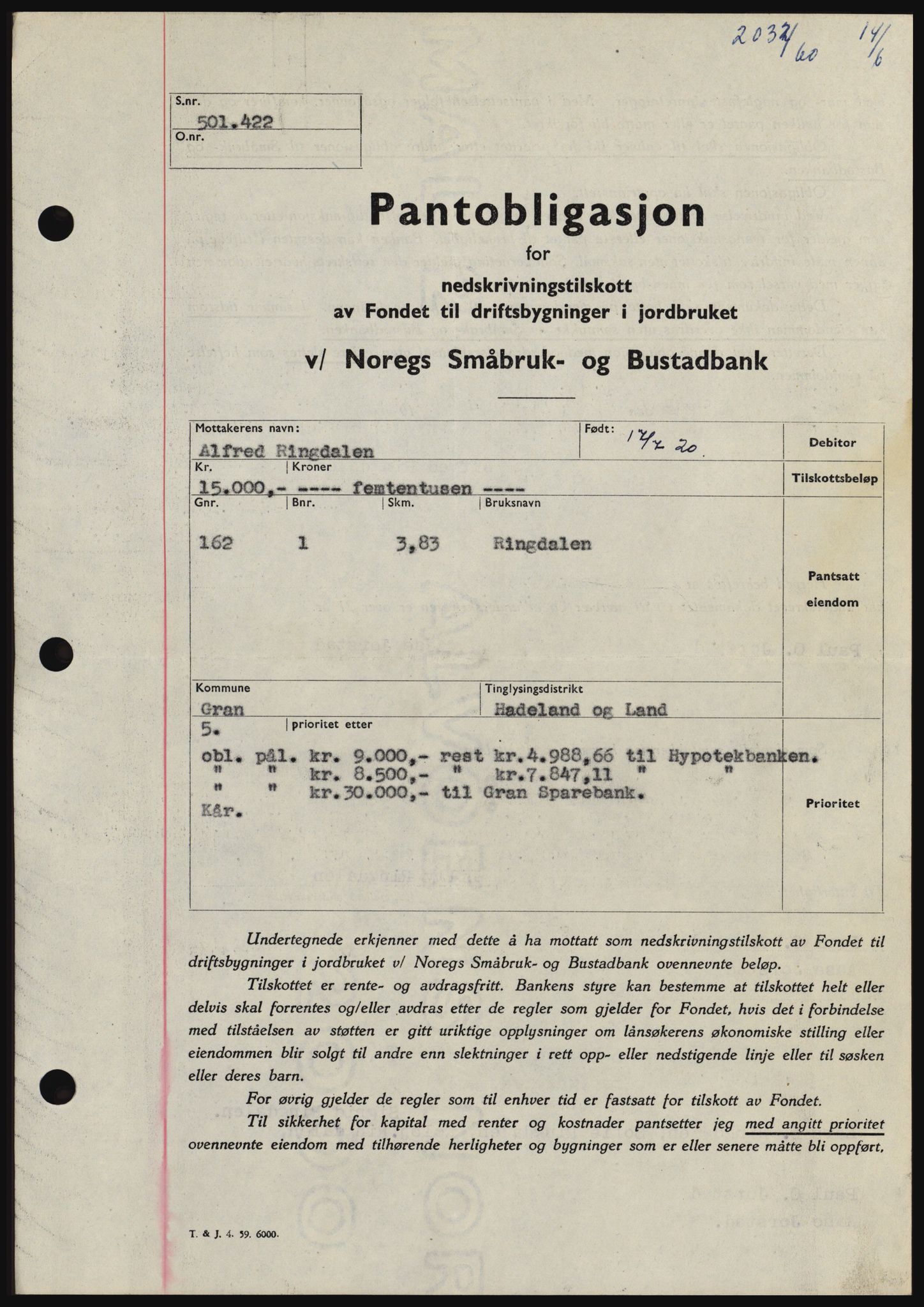 Hadeland og Land tingrett, SAH/TING-010/H/Hb/Hbc/L0043: Pantebok nr. B43, 1960-1960, Dagboknr: 2032/1960