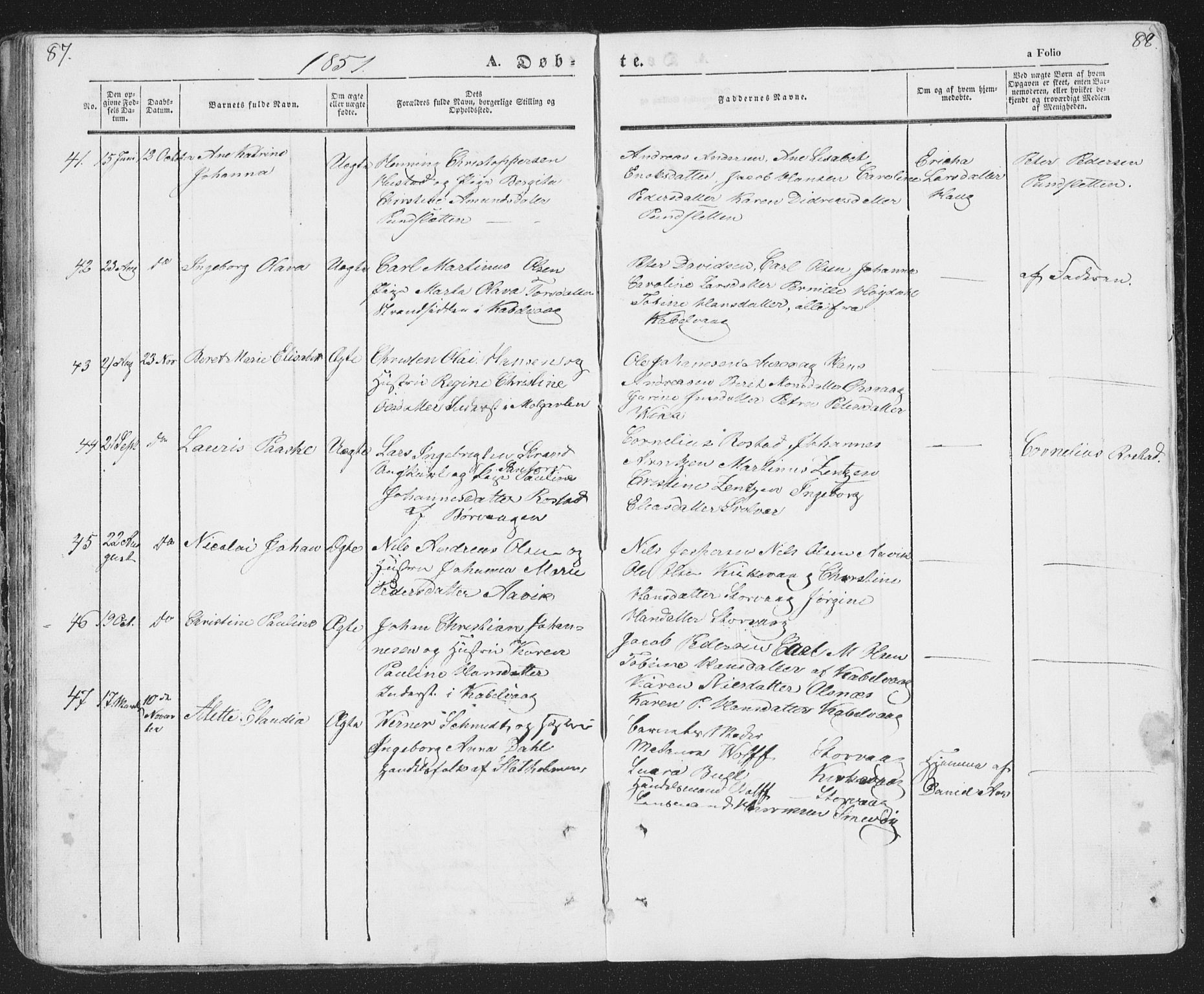 Ministerialprotokoller, klokkerbøker og fødselsregistre - Nordland, SAT/A-1459/874/L1072: Klokkerbok nr. 874C01, 1843-1859, s. 87-88