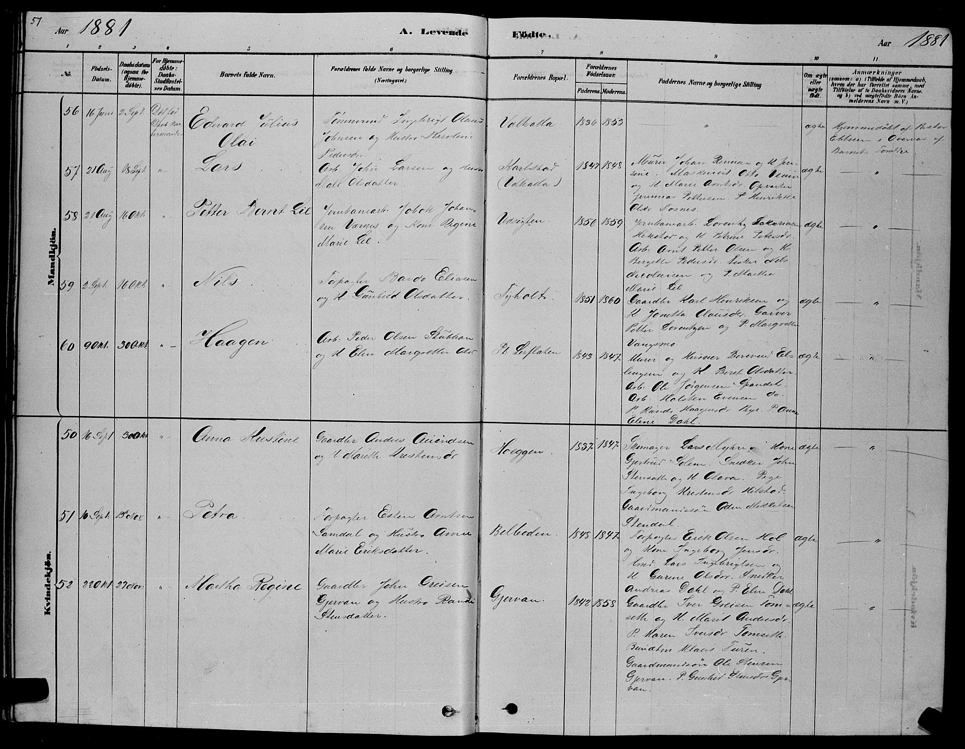 Ministerialprotokoller, klokkerbøker og fødselsregistre - Sør-Trøndelag, SAT/A-1456/606/L0312: Klokkerbok nr. 606C08, 1878-1894, s. 57