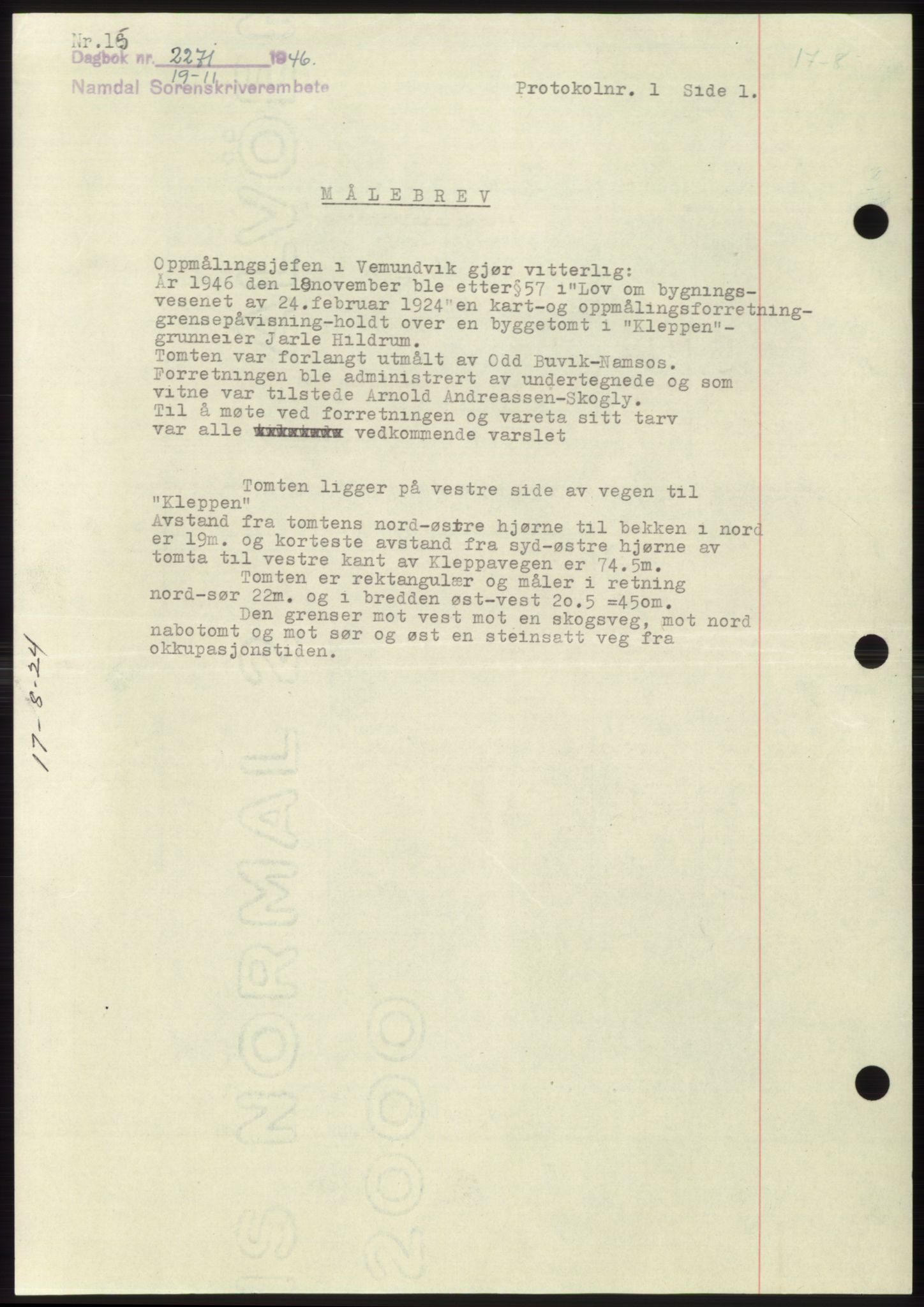 Namdal sorenskriveri, SAT/A-4133/1/2/2C: Pantebok nr. -, 1946-1947, Dagboknr: 2271/1946