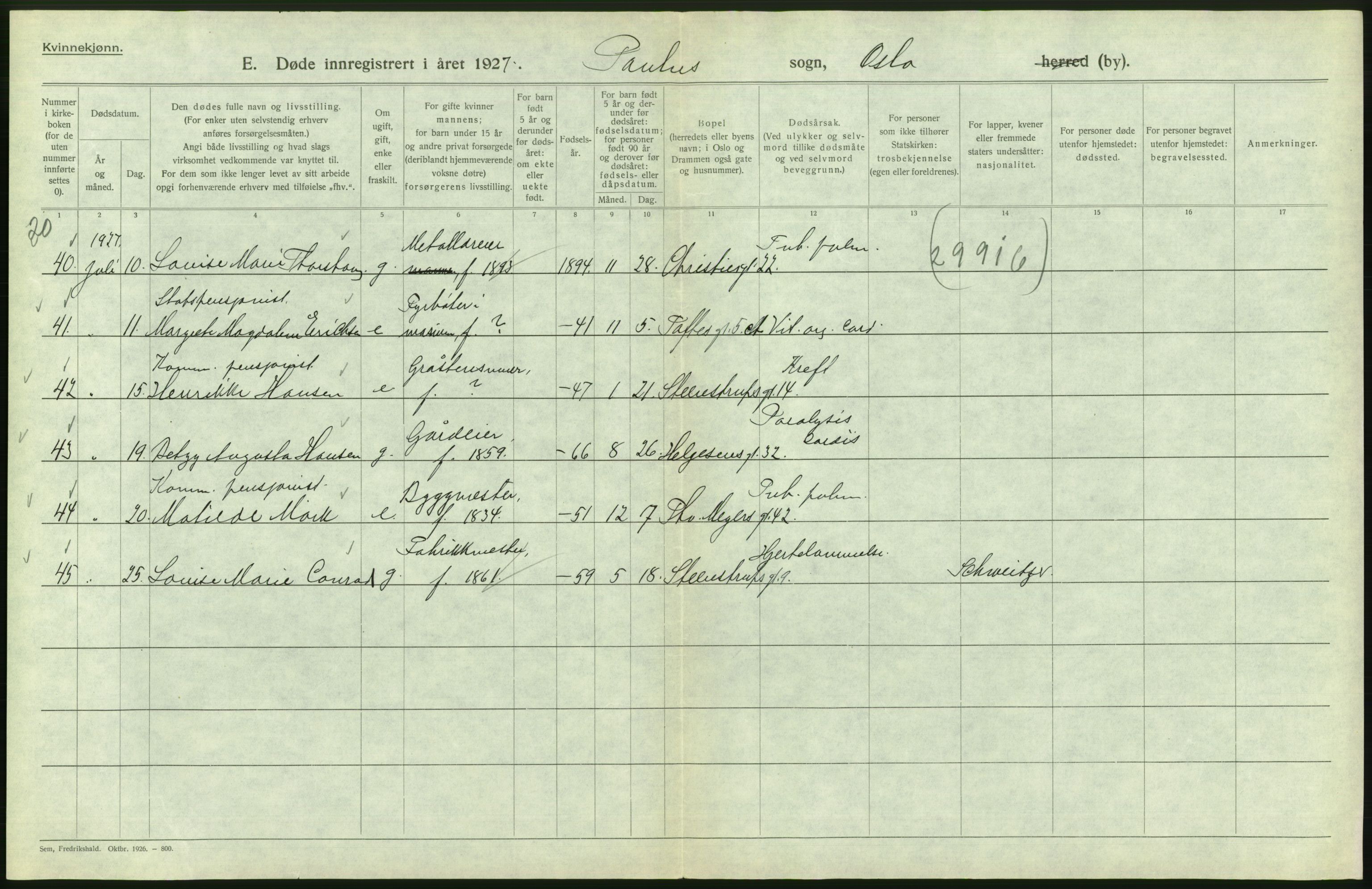 Statistisk sentralbyrå, Sosiodemografiske emner, Befolkning, AV/RA-S-2228/D/Df/Dfc/Dfcg/L0010: Oslo: Døde kvinner, dødfødte, 1927, s. 440