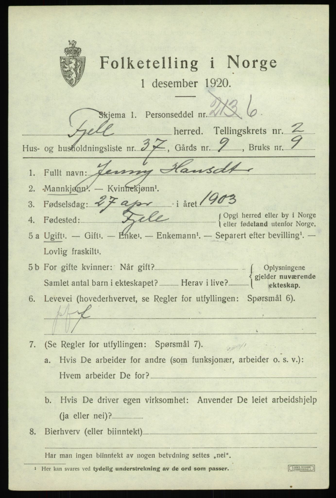 SAB, Folketelling 1920 for 1246 Fjell herred, 1920, s. 2674