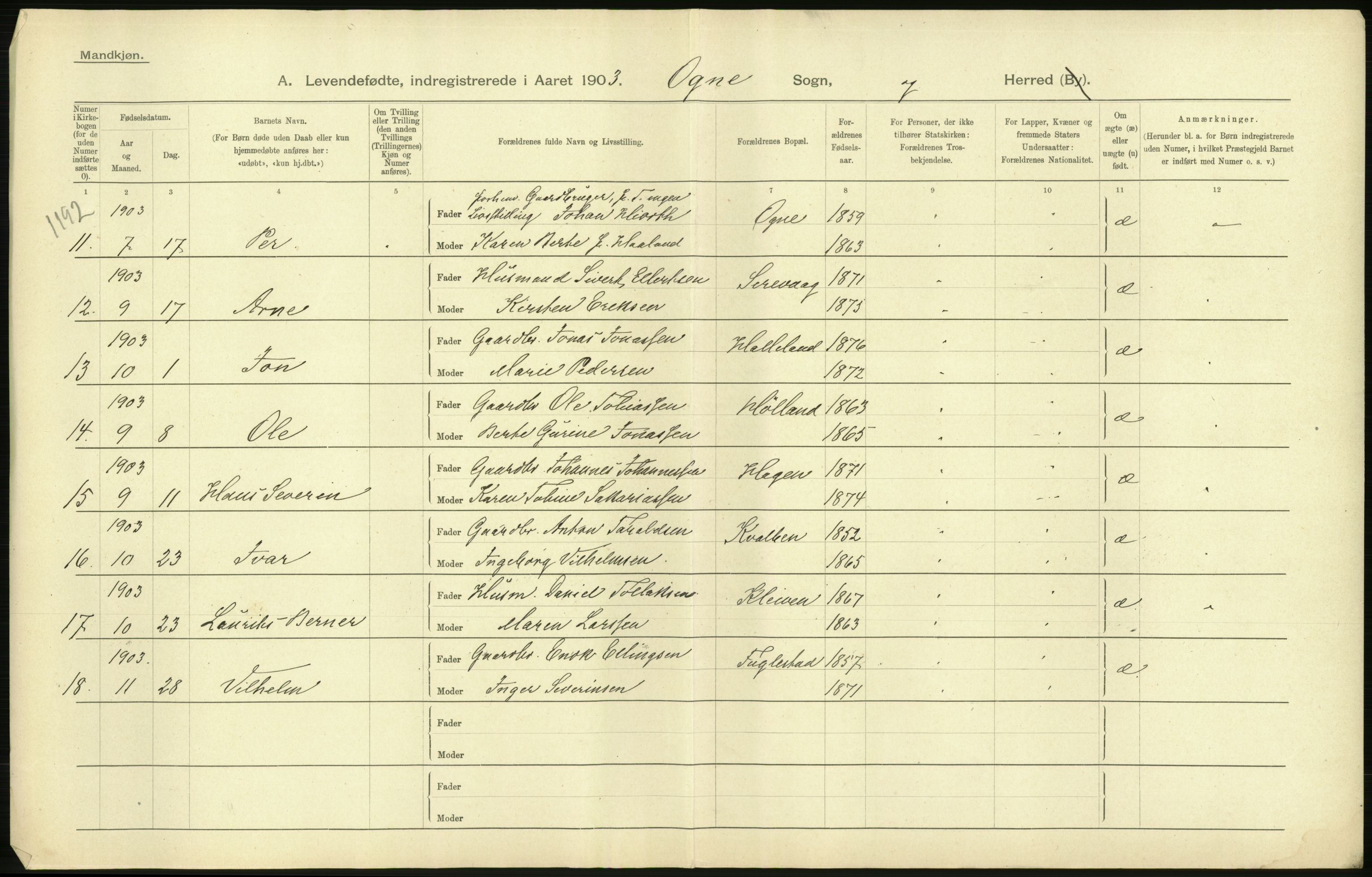 Statistisk sentralbyrå, Sosiodemografiske emner, Befolkning, AV/RA-S-2228/D/Df/Dfa/Dfaa/L0012: Stavanger amt: Fødte, gifte, døde, 1903, s. 56